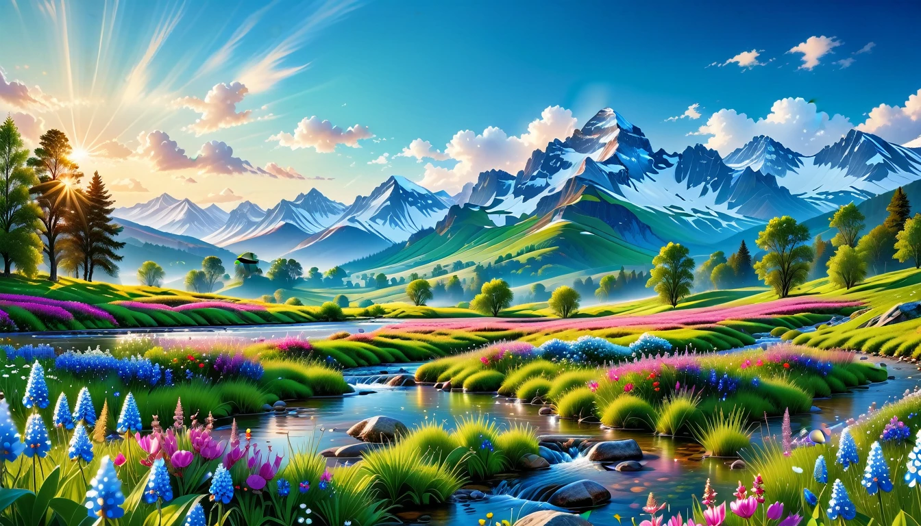 A Masterpiece In 32K Resolution, Supreme Quality, Super Detail, Official Art, Very High-Resolution 32K Wallpaper, Beautiful And Aesthetic, Ultra-Detailed Features, Awe-Inspiring Detail. The Enchanted Meadows Under A Sapphire Sky. Rolling Green Hills Spread Out Beneath A Clear Sapphire Sky, Dotted With Wildflowers That Dance In The Breeze. A Small, Sparkling Stream Winds Its Way Through The Meadow, Glimmering Like Silver Under The Sunlight. In The Distance, Snow-Capped Mountains Rise Majestically, Their Peaks Gleaming White Against The Blue Sky. A Sense Of Tranquil Magic Fills The Air.