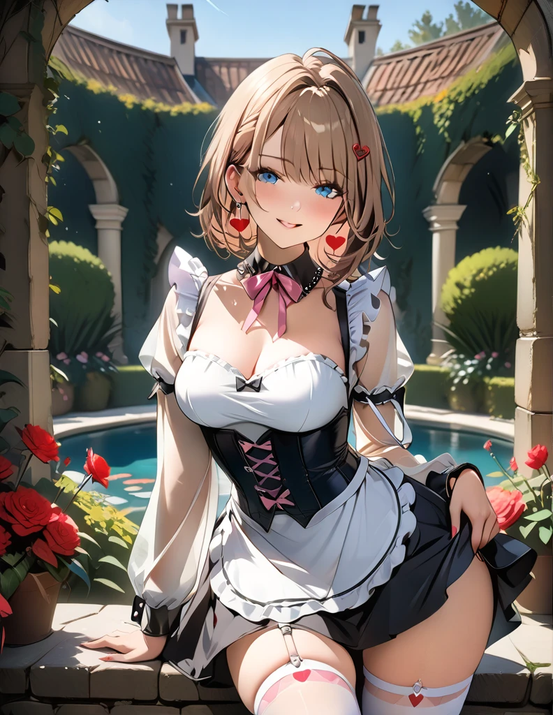 obra maestra, mejor calidad, high resolution, aaichika, Tiara, velo de novia, collar, escote, vestido de novia, vestido sin tirantes, Vestido blanco, guantes blancos, guantes de codo, Garden in the background, sonrisa, boca abierta, tears, parte superior del cuerpo, papel picado, holding ramo, ramo, short brown hair, Brown eyes, erotic, NSFW