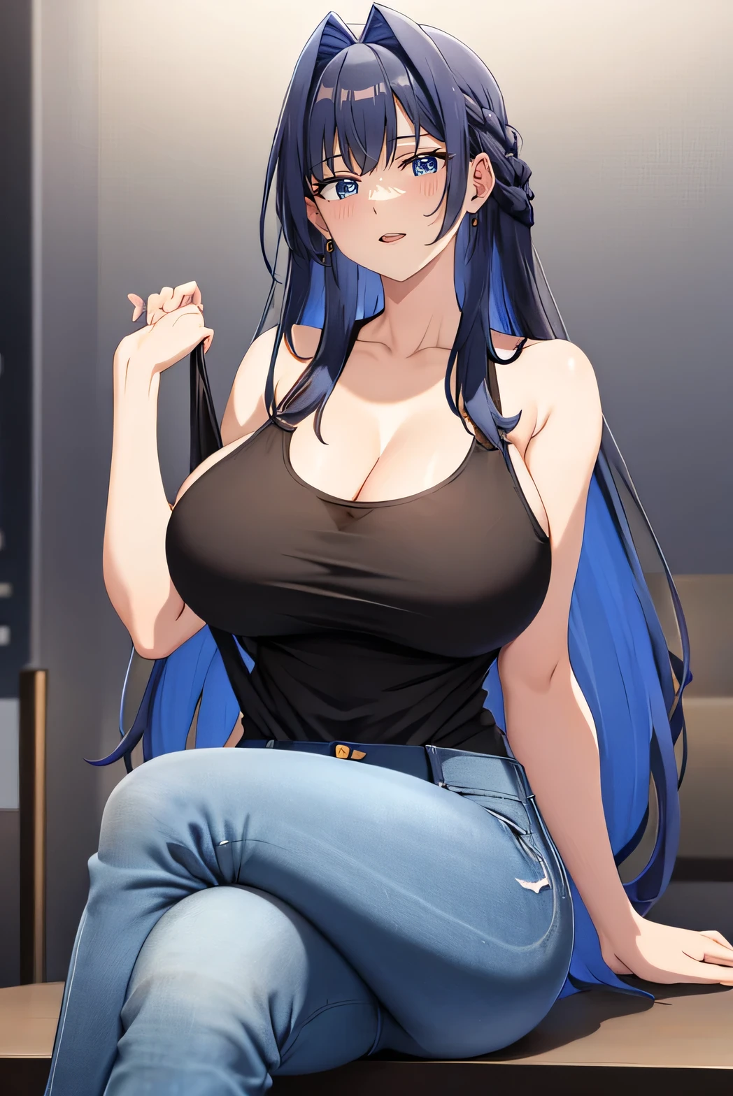 ouro kronii, 1girl, solo, long hair, looking at viewer, open mouth, blue eyes, black hair, cleavage, bare shoulders, sitting, blue hair, collarbone, braid, thighs, sweat, pants, huge breasts, hair intakes, crossed legs, tank top, denim, jeans, black tank top, gigantic breasts