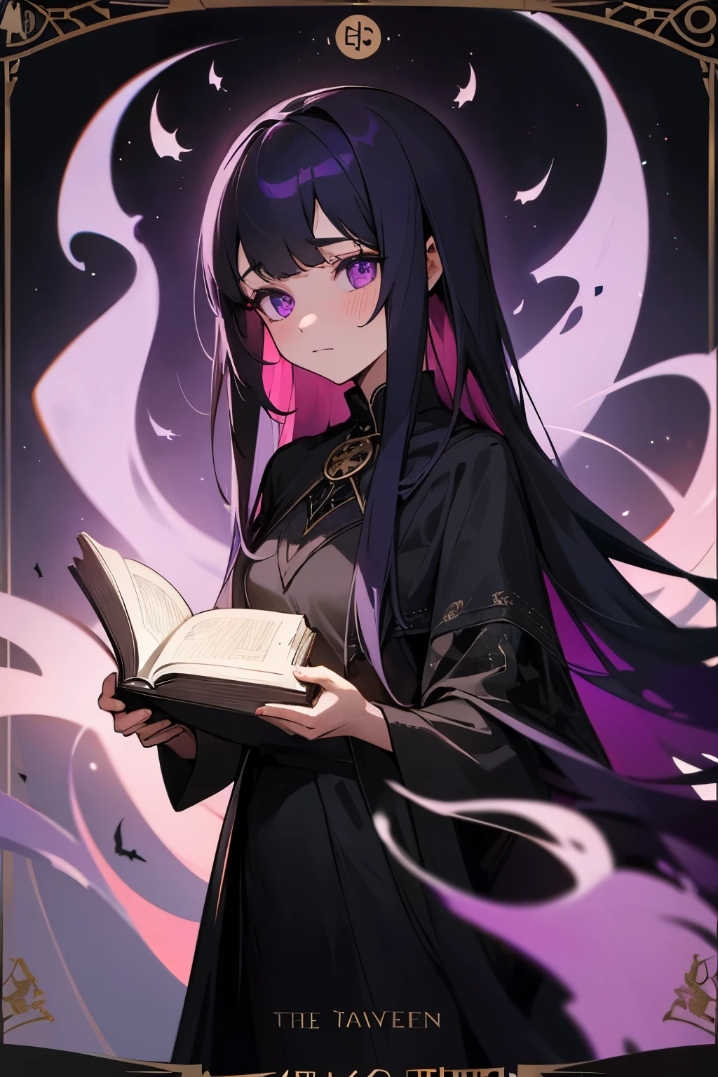 An anime-style female adult with larger breasts, with long purple hair tied in a voluminous ponytail with black and red highlights, wearing a long black outfit with some straps that reveal a little of her body and a blindfold that covers her eyes , holding a magic book with various symbols.