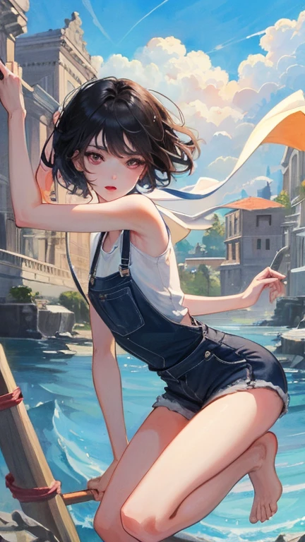 (((paper cutting style))), 1 girl, short black hair, cap, shirts and denim, portfolio, harbor and ship, (topless:1.5), (small breasts:1.4), (skimpy mini skirt:1.5)