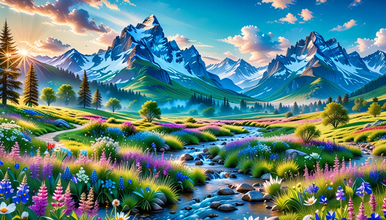 A Masterpiece In 32K Resolution, Supreme Quality, Super Detail, Official Art, Very High-Resolution 32K Wallpaper, Beautiful And Aesthetic, Ultra-Detailed Features, Awe-Inspiring Detail. The Enchanted Meadows Under A Sapphire Sky. Rolling Green Hills Spread Out Beneath A Clear Sapphire Sky, Dotted With Wildflowers That Dance In The Breeze. A Small, Sparkling Stream Winds Its Way Through The Meadow, Glimmering Like Silver Under The Sunlight. In The Distance, Snow-Capped Mountains Rise Majestically, Their Peaks Gleaming White Against The Blue Sky. A Sense Of Tranquil Magic Fills The Air.