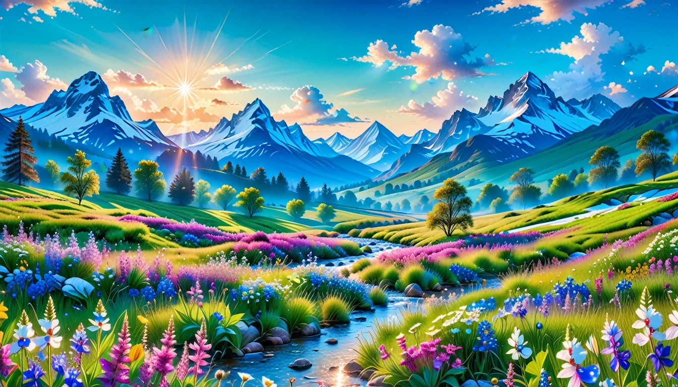 A Masterpiece In 32K Resolution, Supreme Quality, Super Detail, Official Art, Very High-Resolution 32K Wallpaper, Beautiful And Aesthetic, Ultra-Detailed Features, Awe-Inspiring Detail. The Enchanted Meadows Under A Sapphire Sky. Rolling Green Hills Spread Out Beneath A Clear Sapphire Sky, Dotted With Wildflowers That Dance In The Breeze. A Small, Sparkling Stream Winds Its Way Through The Meadow, Glimmering Like Silver Under The Sunlight. In The Distance, Snow-Capped Mountains Rise Majestically, Their Peaks Gleaming White Against The Blue Sky. A Sense Of Tranquil Magic Fills The Air.