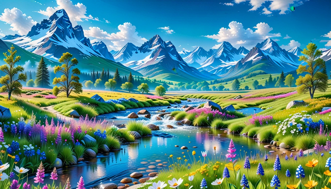 A Masterpiece In 32K Resolution, Supreme Quality, Super Detail, Official Art, Very High-Resolution 32K Wallpaper, Beautiful And Aesthetic, Ultra-Detailed Features, Awe-Inspiring Detail. The Enchanted Meadows Under A Sapphire Sky. Rolling Green Hills Spread Out Beneath A Clear Sapphire Sky, Dotted With Wildflowers That Dance In The Breeze. A Small, Sparkling Stream Winds Its Way Through The Meadow, Glimmering Like Silver Under The Sunlight. In The Distance, Snow-Capped Mountains Rise Majestically, Their Peaks Gleaming White Against The Blue Sky. A Sense Of Tranquil Magic Fills The Air.