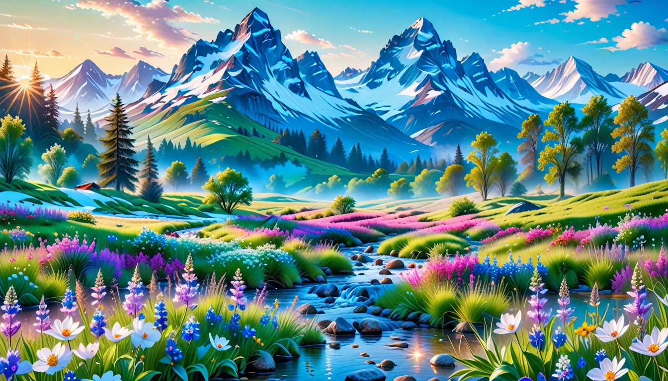 A Masterpiece In 32K Resolution, Supreme Quality, Super Detail, Official Art, Very High-Resolution 32K Wallpaper, Beautiful And Aesthetic, Ultra-Detailed Features, Awe-Inspiring Detail. The Enchanted Meadows Under A Sapphire Sky. Rolling Green Hills Spread Out Beneath A Clear Sapphire Sky, Dotted With Wildflowers That Dance In The Breeze. A Small, Sparkling Stream Winds Its Way Through The Meadow, Glimmering Like Silver Under The Sunlight. In The Distance, Snow-Capped Mountains Rise Majestically, Their Peaks Gleaming White Against The Blue Sky. A Sense Of Tranquil Magic Fills The Air.