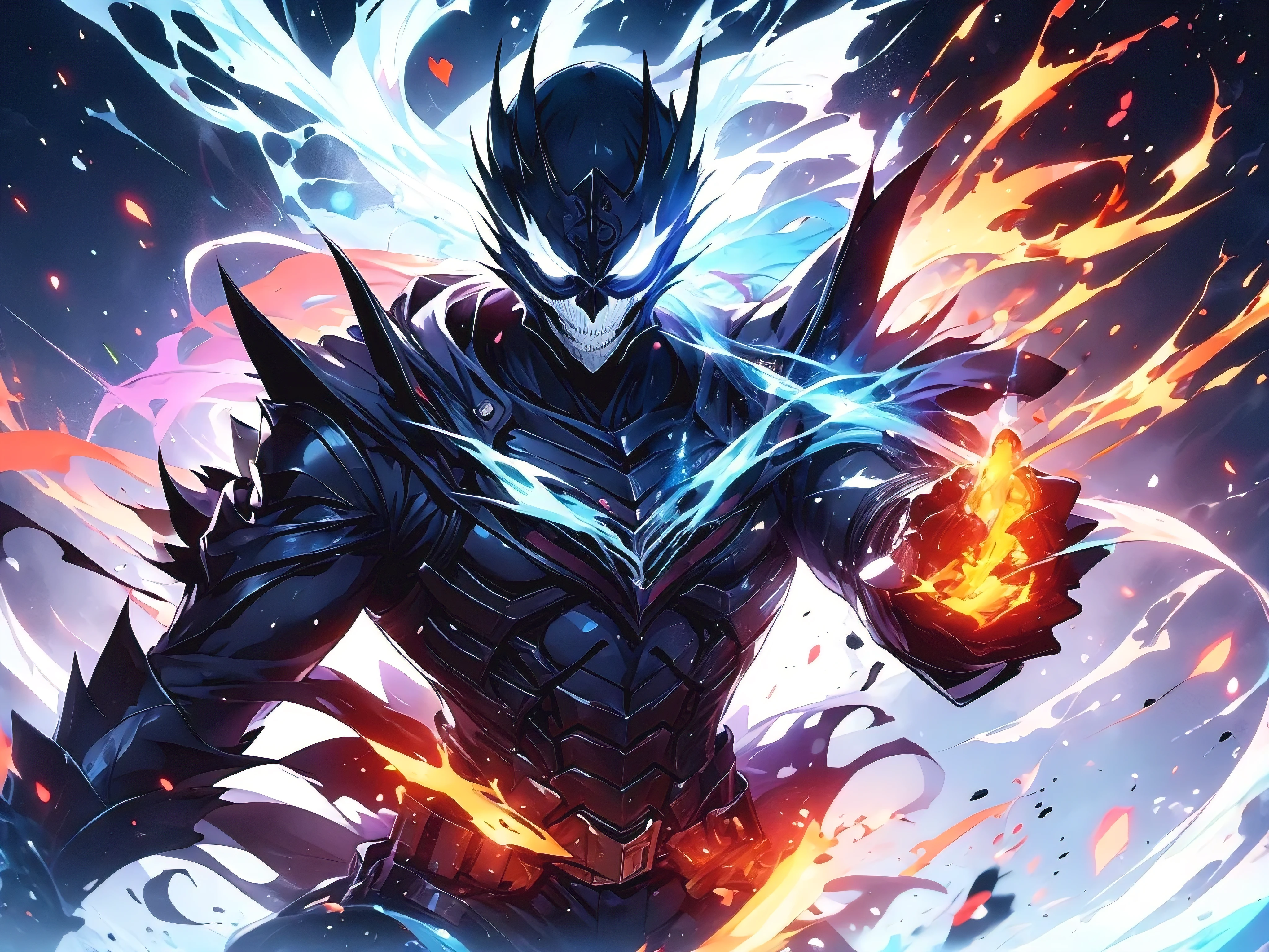 Highest quality,Full body image of massive muscles,Devilish wings,Devilish horns,Clear liquid dripping from penis,black costume,Huge erect penis,Ready your weapon,An angel cloaked in evil aura,The color of the face is Caucasian skin tone.,A suit with white and blue lightning bolt lines,Blue black hair with bright blue streaks,Gritting teeth to endure pain and sorrow,Lots of drooling,Surprised face,Anal Sex