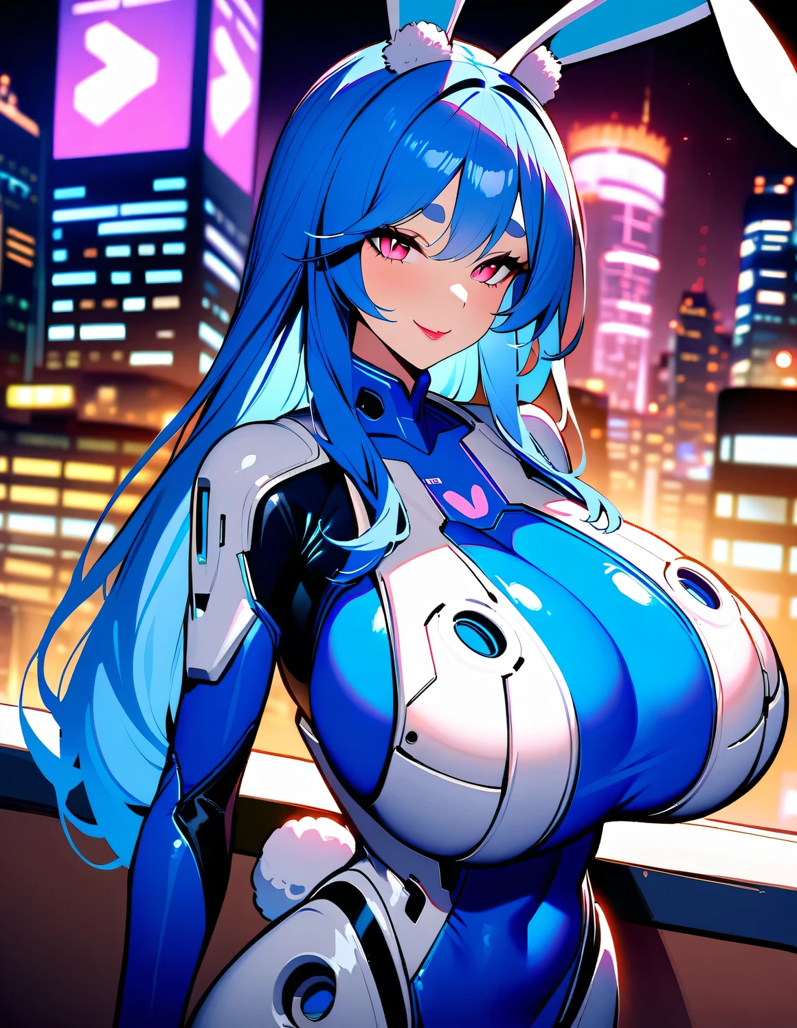 masterpiece, high quality, extremely detailed, 1girl, milf, solo, bunnygirl, pekomama, (huge breasts:1.5), ((((blue hair), long hair, pink eyes, slit pupils, rabbit ears))), red lips, (((mechanical bodysuit, blue-syriped bodysuit))), ((naughty smile), closed mouth), ((futuristic cityscape))