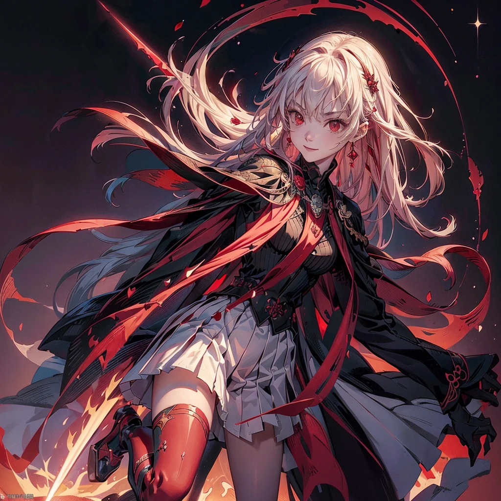 One girl,(((Perfect Anatomy、Best dynamic composition、Super detailed、Best Quality、masterpiece、Official Art、Presence)))、Anime Art、Black Sailor Suit、red and black sword、A sword that has turned red from absorbing blood、Two-handed sword、A sheath attached diagonally to the back、Vampire Hunter、Black rose frame、Milky white, straight, long hair、Swing the sword down、Red and black background、Calm and collected, Still smiling、baby face、Jump Cut、Posed facing the viewer、