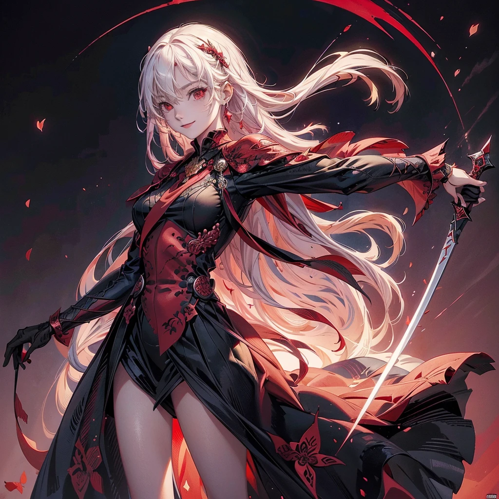 One girl,(((Perfect Anatomy、Best dynamic composition、Super detailed、Best Quality、masterpiece、Official Art、Presence)))、Anime Art、Black Sailor Suit、red and black sword、A sword that has turned red from absorbing blood、Two-handed sword、A sheath attached diagonally to the back、Vampire Hunter、Black rose frame、Milky white, straight, long hair、Swing the sword down、Red and black background、Calm and collected, Still smiling、baby face、Jump Cut、Posed facing the viewer、