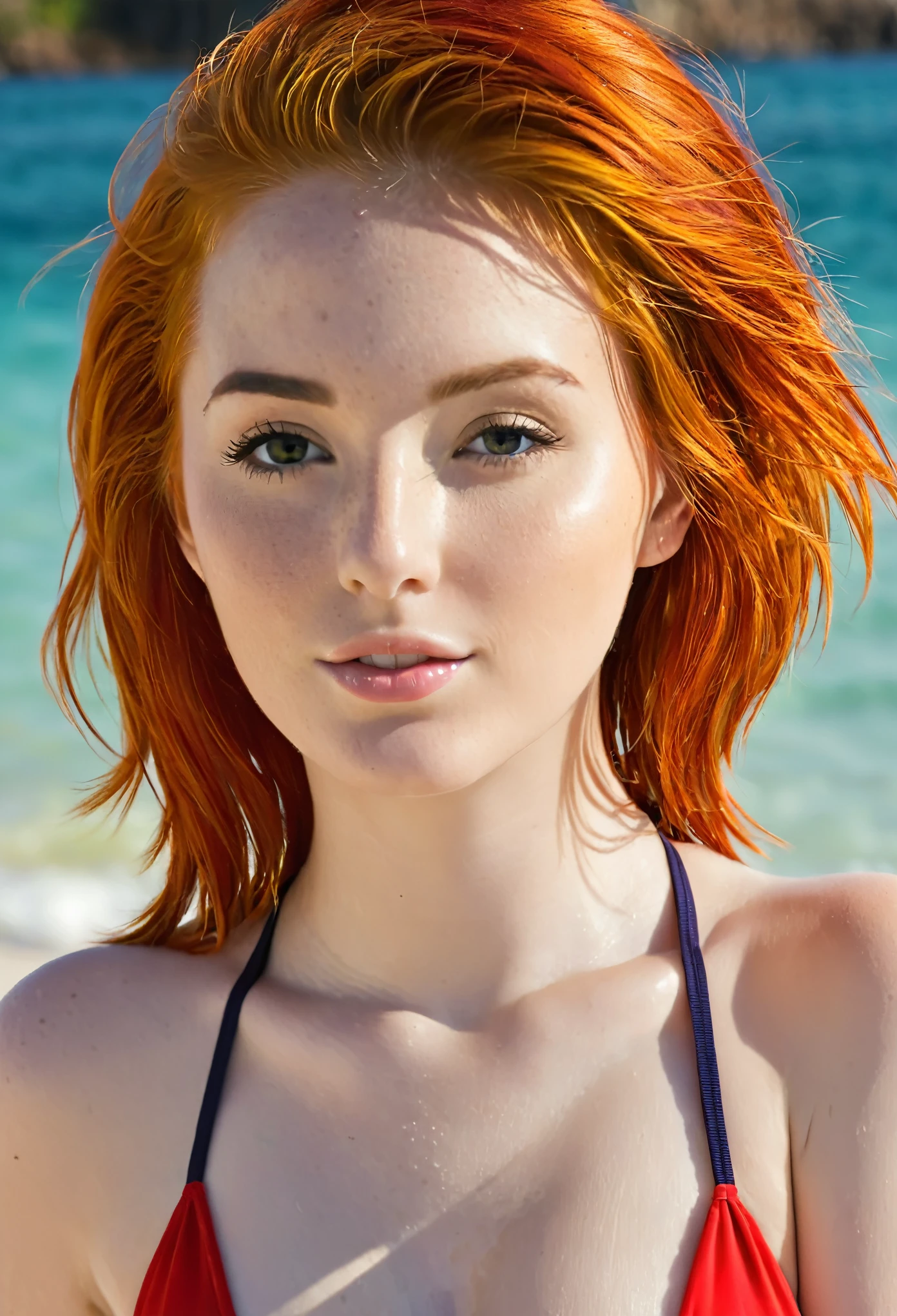 this white redhead woman named Lagertha, ((( very pale skin ))), ((( clear blue eyes ))), ((( orange short hair with bangs ))), lovely and beautiful serious face, freckles, fully naked, wonderful and perfect realistic naked body, perfect naked breasts, realistic natural perfect , perfect bright red lips, textured skin, white background