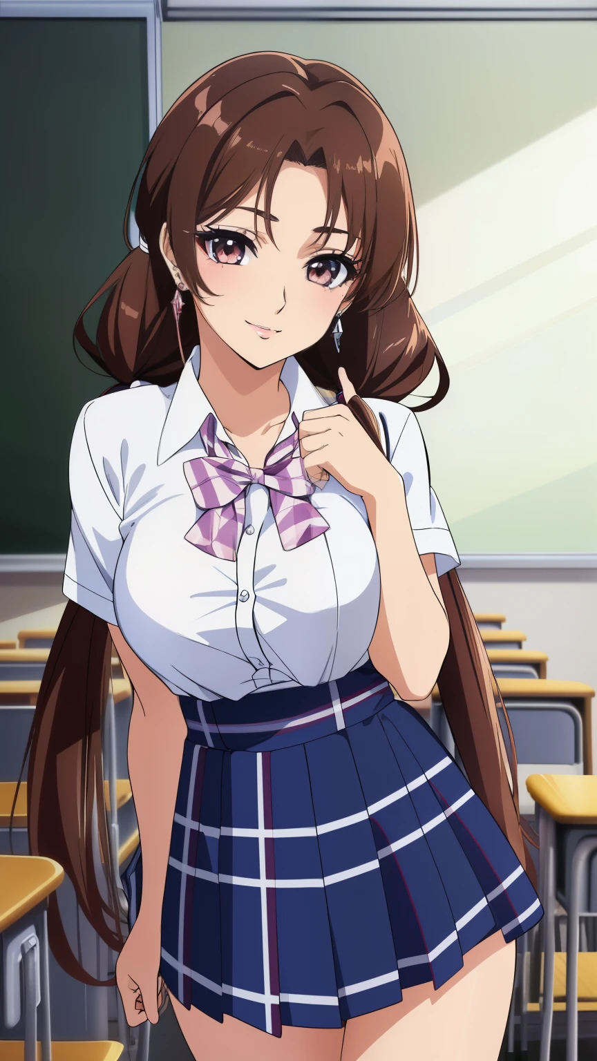 (masterpiece, best quality, high resolution, 8k:1.2), (anime coloring:1.2), highly detailed, beautiful eyes, perfect eyes, fine eyes, brown eyes, featuring big highlights, detailed face, highly detailed, fine eyes, symmetrical eyes, one girl, alone, asagi, (20 years old), young woman, (mature face:1.4), pink, (low twintails:1.2), (A relaxed expression:1.2), smile, (medium breast), glamour, (false eyelashes, makeup, earrings, school uniform, white shirt, checkered miniskirt, classroom), looking at the viewer, in the center of the image, (beautiful_medium breast:1.1), (beautiful_face:1.2), (beautiful_waist:1.2), (cowboy shot), dutch angle,