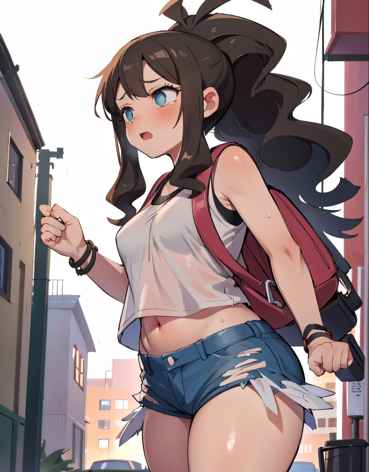 Loose unbuttoned no rise shorts, sexy outfit, anime manhwa girl, mini top