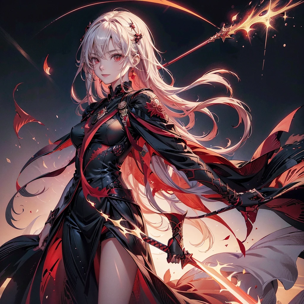 One girl,(((Perfect Anatomy、Best dynamic composition、Super detailed、Best Quality、masterpiece、Official Art、Presence)))、Anime Art、Black Sailor Suit、red and black sword、A sword that has turned red from absorbing blood、Two-handed sword、A sheath attached diagonally to the back、Vampire Hunter、Black rose frame、Milky white, straight, long hair、Swing the sword down、Red and black background、Calm and collected, Still smiling、baby face、Jump Cut、Posed facing the viewer、（Complex Eyes、Sparkling eyes）,