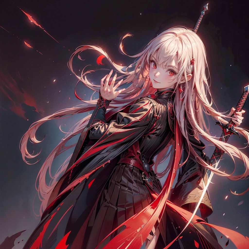 One girl,(((Perfect Anatomy、Best dynamic composition、Super detailed、Best Quality、masterpiece、Official Art、Presence)))、Anime Art、Black Sailor Suit、red and black sword、A sword that has turned red from absorbing blood、Two-handed sword、A sheath attached diagonally to the back、Vampire Hunter、Black rose frame、Milky white, straight, long hair、Swing the sword down、Red and black background、Calm and collected, Still smiling、baby face、Jump Cut、Posed facing the viewer、（Complex Eyes、Sparkling eyes）,