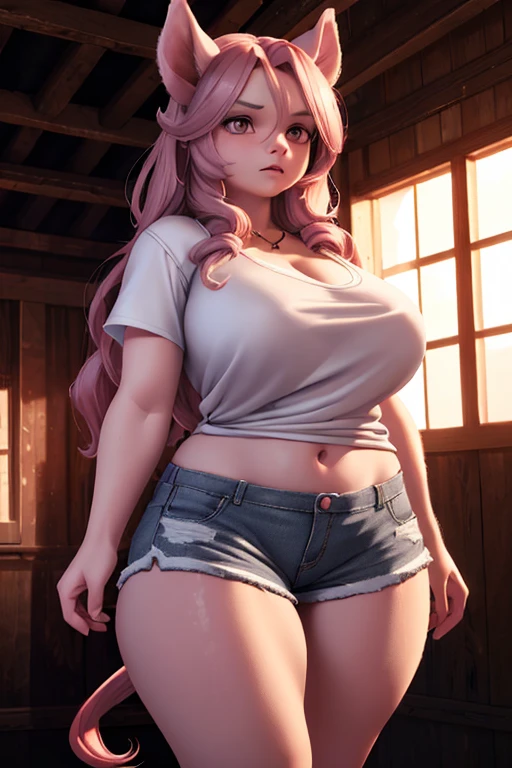 A beautiful young girl with long curly rose-colored hair, pig ears and nose, gray eyes, round face, wearing a short white shirt and shorts, large bust, wide hips, pig tail, in a barn setting, (best quality,4k,8k,highres,masterpiece:1.2),ultra-detailed,(realistic,photorealistic,photo-realistic:1.37),fantasy,hyper detailed,incredibly detailed,extremely detailed,3D render,highly detailed face,vibrant colors,dramatic lighting,cinematic composition,dramatic atmosphere,moody lighting,award winning