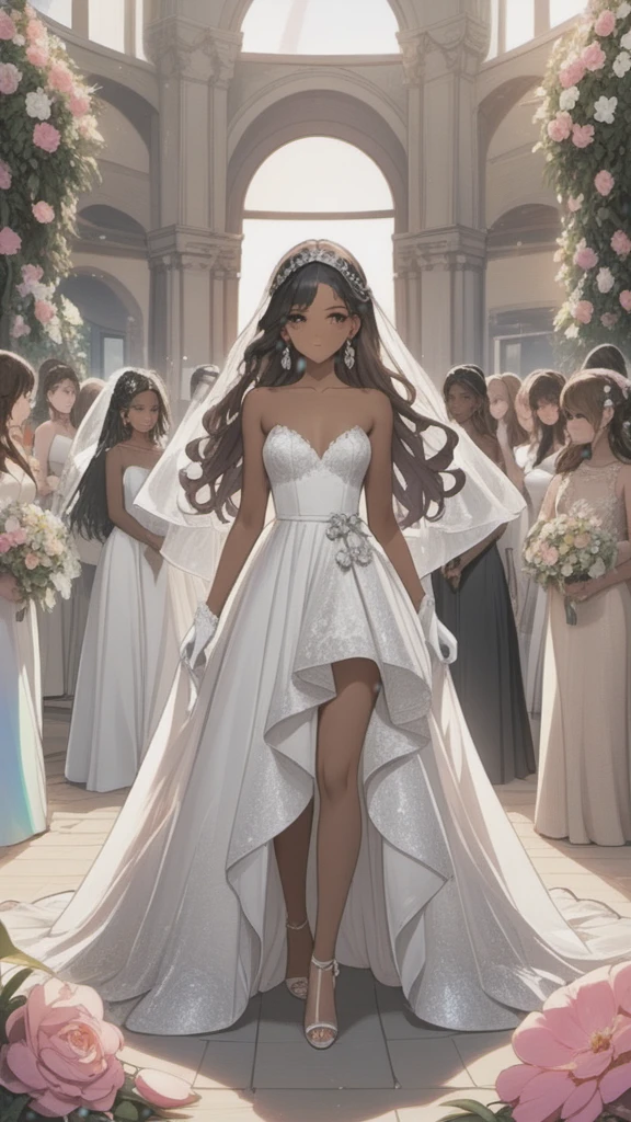 Two Brides:
first woman with a strapless wedding dress, lace top, with trans flag colors(blue, white, pink), black eyes,(((brown skin))), transparent wedding veil, wearing white finger gloves, purple tiara, long wavy black hair, wearing silver high heels sandals;
second woman with a sleeveless wedding dress, lace skirt, brown eyes,(((brown skin))), transparent wedding veil, wearing white gloves, pink bow, curly black hair, wearing silver high heels sandals;
Standing on altar of flowers, both holding a bouquet, with cute smile, posing, face blushing, beach wedding background, high quality, masterpiece, anatomically correct, detailed background, better quality, original work, focus on details, people's around, front view, earrings, wind blowing, cute makeup, one hand in hair, full body view, posing with her wife. Kissing.
LONG DRESSES, both with brown skins