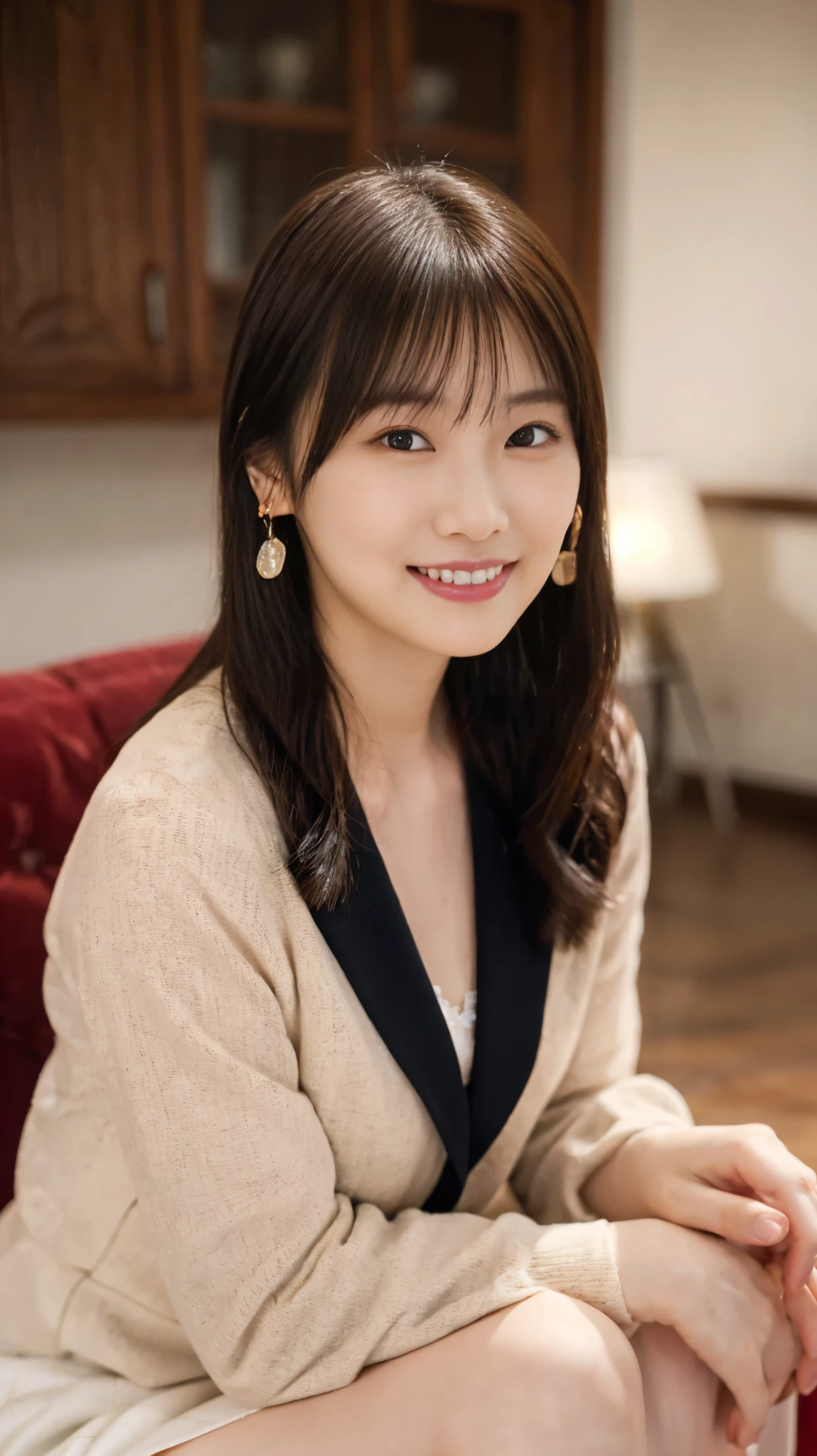 (On a table, Best quality at best, realistically, ultra - detailed, meticuloso, A high resolution, 8k wallpaper), Close-up portrait of a beautiful woman, Chariada, Smiling, light brown messy hair, Perfect dynamic composition, 美丽meticuloso的眼睛, Just like the cover of a fashion magazine, On campus