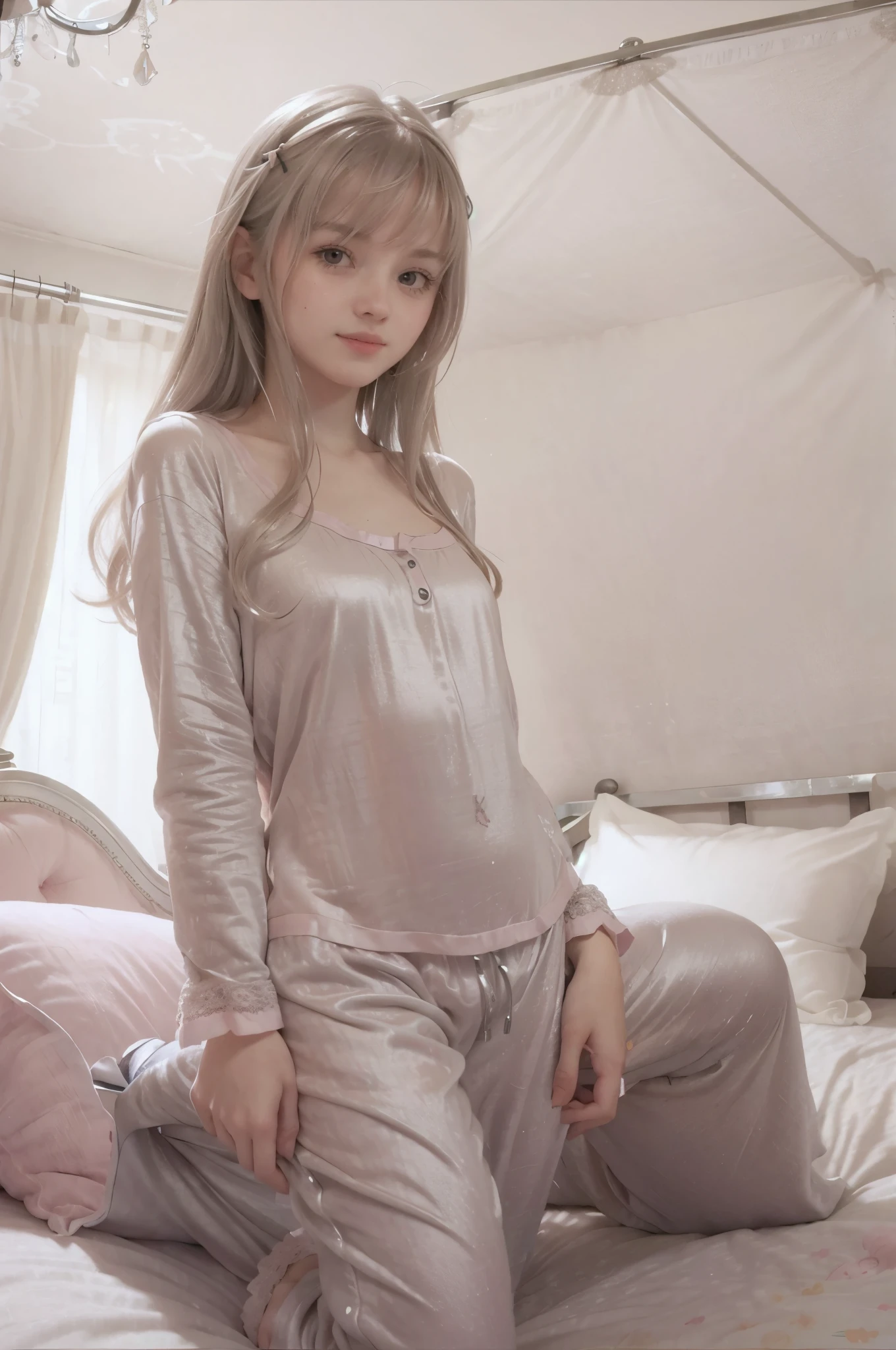 photo of mariya with long blonde hair, bang, NSFW, (petite:1.4), wearing (silver pajamas:1.3),  on bed in a cute girly bedroom adorned with pastel hues and playful decor. The walls are painted in soft pinks or lavender, with a delicate floral or heart-patterned wallpaper as an accent. A canopy bed with sheer, flowy curtains creates a dreamy atmosphere. Plush stuffed animals and fluffy throw pillows in various shades of pink adorn the bed,
realistic, photorealistic,
High quality, RAW photograph, detailed background, intricate, highly detailed, sharp focus, high resolution, 8k, uhd, dslr, realistic eyes, perfect eyes,