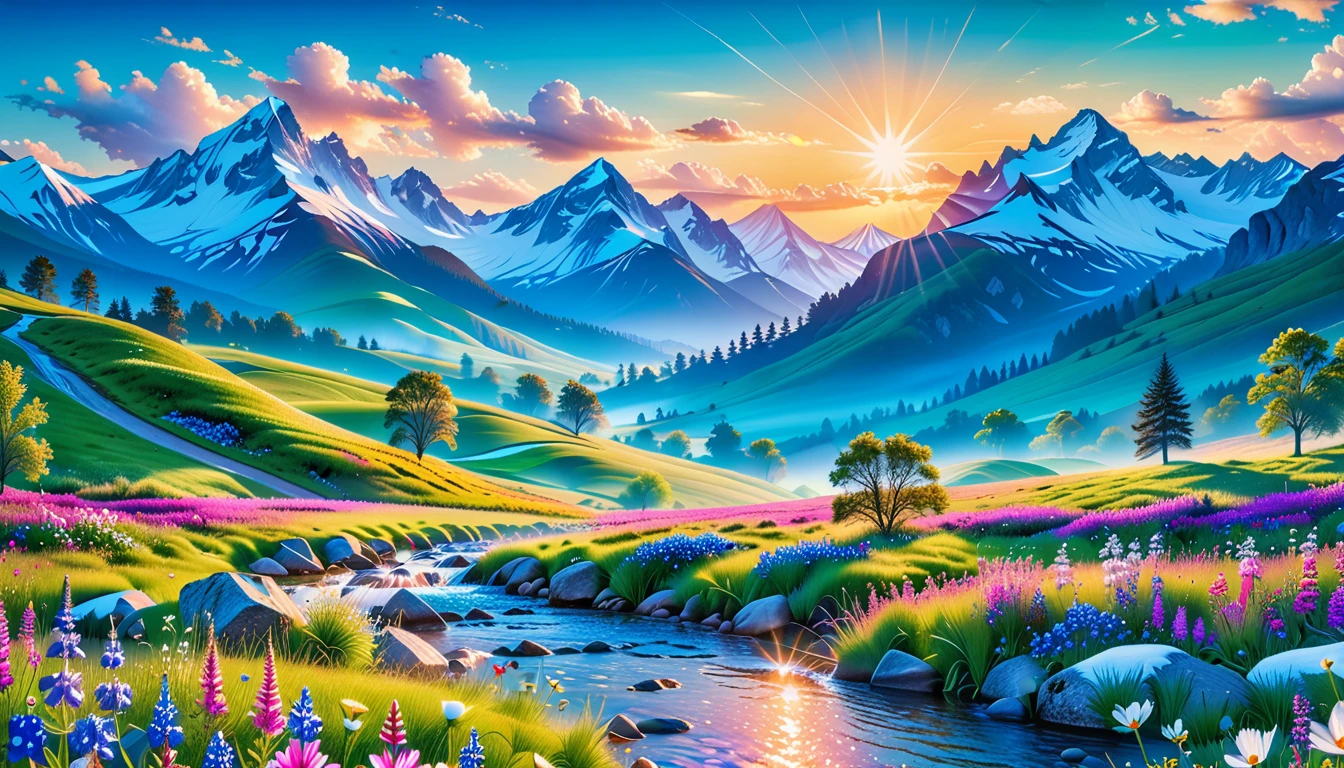 A Masterpiece In 32K Resolution, Supreme Quality, Super Detail, Official Art, Very High-Resolution 32K Wallpaper, Beautiful And Aesthetic, Ultra-Detailed Features, Awe-Inspiring Detail. The Enchanted Meadows Under A Sapphire Sky. Rolling Green Hills Spread Out Beneath A Clear Sapphire Sky, Dotted With Wildflowers That Dance In The Breeze. A Small, Sparkling Stream Winds Its Way Through The Meadow, Glimmering Like Silver Under The Sunlight. In The Distance, Snow-Capped Mountains Rise Majestically, Their Peaks Gleaming White Against The Blue Sky. A Sense Of Tranquil Magic Fills The Air.