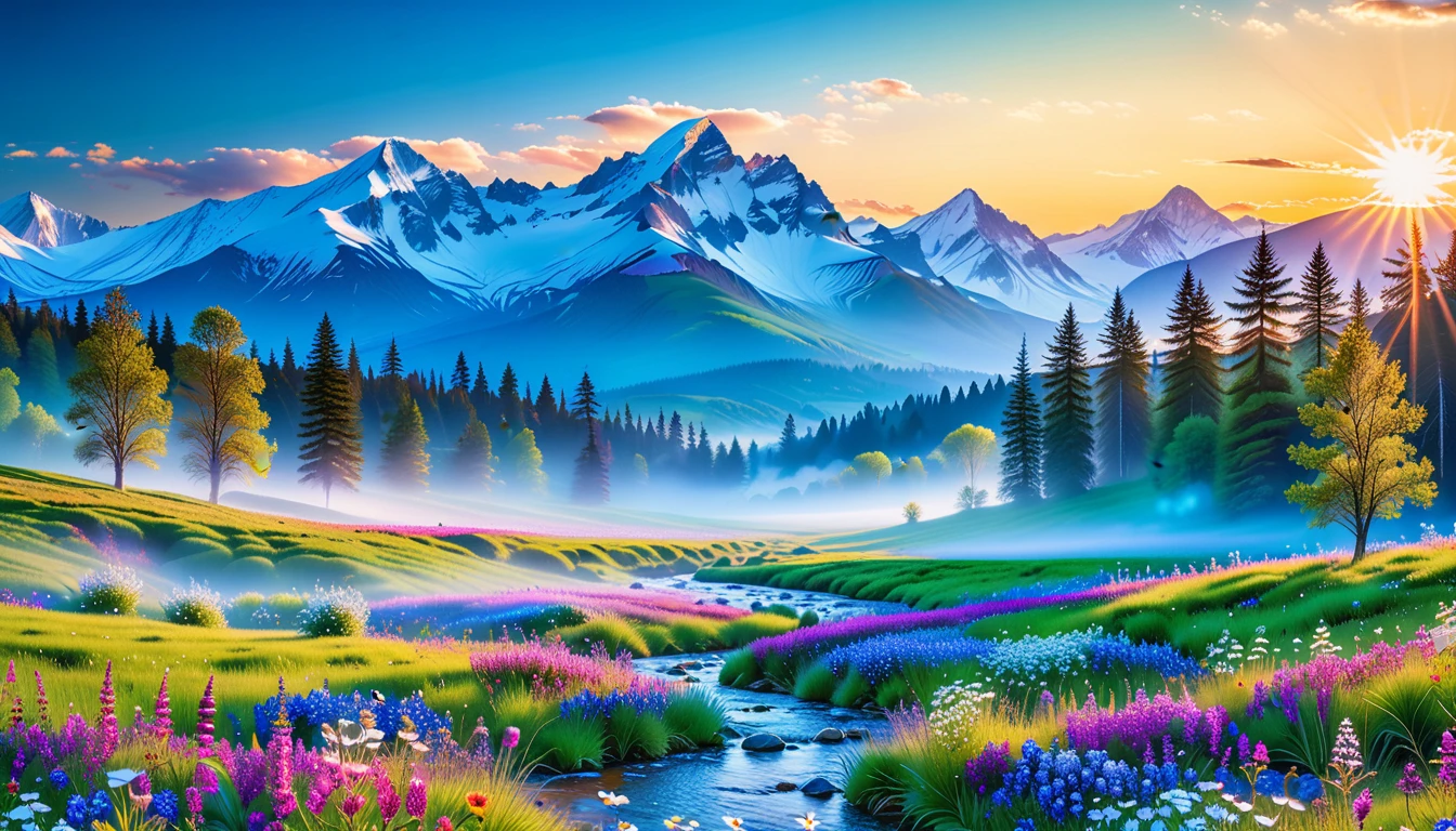 A Masterpiece In 32K Resolution, Supreme Quality, Super Detail, Official Art, Very High-Resolution 32K Wallpaper, Beautiful And Aesthetic, Ultra-Detailed Features, Awe-Inspiring Detail. The Enchanted Meadows Under A Sapphire Sky. Rolling Green Hills Spread Out Beneath A Clear Sapphire Sky, Dotted With Wildflowers That Dance In The Breeze. A Small, Sparkling Stream Winds Its Way Through The Meadow, Glimmering Like Silver Under The Sunlight. In The Distance, Snow-Capped Mountains Rise Majestically, Their Peaks Gleaming White Against The Blue Sky. A Sense Of Tranquil Magic Fills The Air.