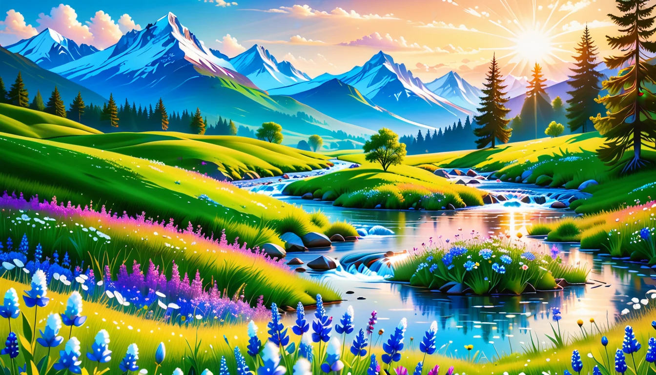 A Masterpiece In 32K Resolution, Supreme Quality, Super Detail, Official Art, Very High-Resolution 32K Wallpaper, Beautiful And Aesthetic, Ultra-Detailed Features, Awe-Inspiring Detail. The Enchanted Meadows Under A Sapphire Sky. Rolling Green Hills Spread Out Beneath A Clear Sapphire Sky, Dotted With Wildflowers That Dance In The Breeze. A Small, Sparkling Stream Winds Its Way Through The Meadow, Glimmering Like Silver Under The Sunlight. In The Distance, Snow-Capped Mountains Rise Majestically, Their Peaks Gleaming White Against The Blue Sky. A Sense Of Tranquil Magic Fills The Air.