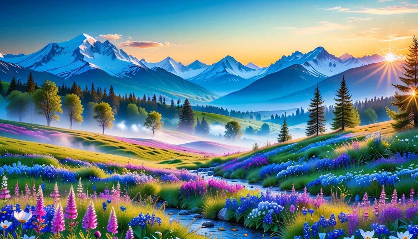 A Masterpiece In 32K Resolution, Supreme Quality, Super Detail, Official Art, Very High-Resolution 32K Wallpaper, Beautiful And Aesthetic, Ultra-Detailed Features, Awe-Inspiring Detail. The Enchanted Meadows Under A Sapphire Sky. Rolling Green Hills Spread Out Beneath A Clear Sapphire Sky, Dotted With Wildflowers That Dance In The Breeze. A Small, Sparkling Stream Winds Its Way Through The Meadow, Glimmering Like Silver Under The Sunlight. In The Distance, Snow-Capped Mountains Rise Majestically, Their Peaks Gleaming White Against The Blue Sky. A Sense Of Tranquil Magic Fills The Air.