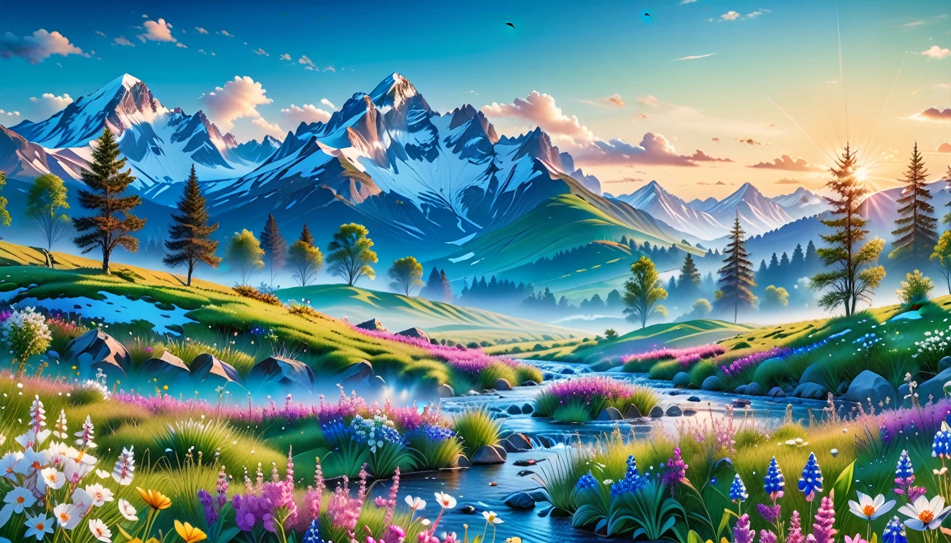 A Masterpiece In 32K Resolution, Supreme Quality, Super Detail, Official Art, Very High-Resolution 32K Wallpaper, Beautiful And Aesthetic, Ultra-Detailed Features, Awe-Inspiring Detail. The Enchanted Meadows Under A Sapphire Sky. Rolling Green Hills Spread Out Beneath A Clear Sapphire Sky, Dotted With Wildflowers That Dance In The Breeze. A Small, Sparkling Stream Winds Its Way Through The Meadow, Glimmering Like Silver Under The Sunlight. In The Distance, Snow-Capped Mountains Rise Majestically, Their Peaks Gleaming White Against The Blue Sky. A Sense Of Tranquil Magic Fills The Air.