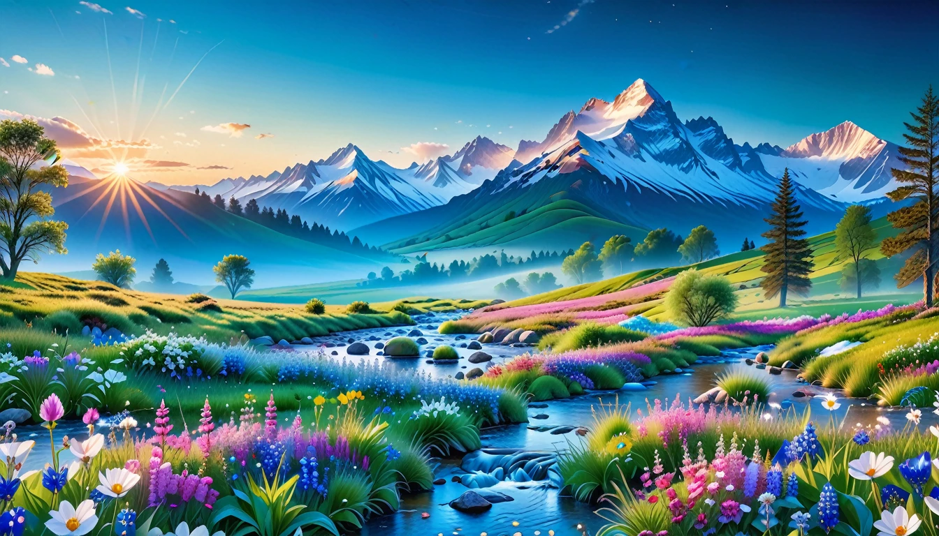 A Masterpiece In 32K Resolution, Supreme Quality, Super Detail, Official Art, Very High-Resolution 32K Wallpaper, Beautiful And Aesthetic, Ultra-Detailed Features, Awe-Inspiring Detail. The Enchanted Meadows Under A Sapphire Sky. Rolling Green Hills Spread Out Beneath A Clear Sapphire Sky, Dotted With Wildflowers That Dance In The Breeze. A Small, Sparkling Stream Winds Its Way Through The Meadow, Glimmering Like Silver Under The Sunlight. In The Distance, Snow-Capped Mountains Rise Majestically, Their Peaks Gleaming White Against The Blue Sky. A Sense Of Tranquil Magic Fills The Air.