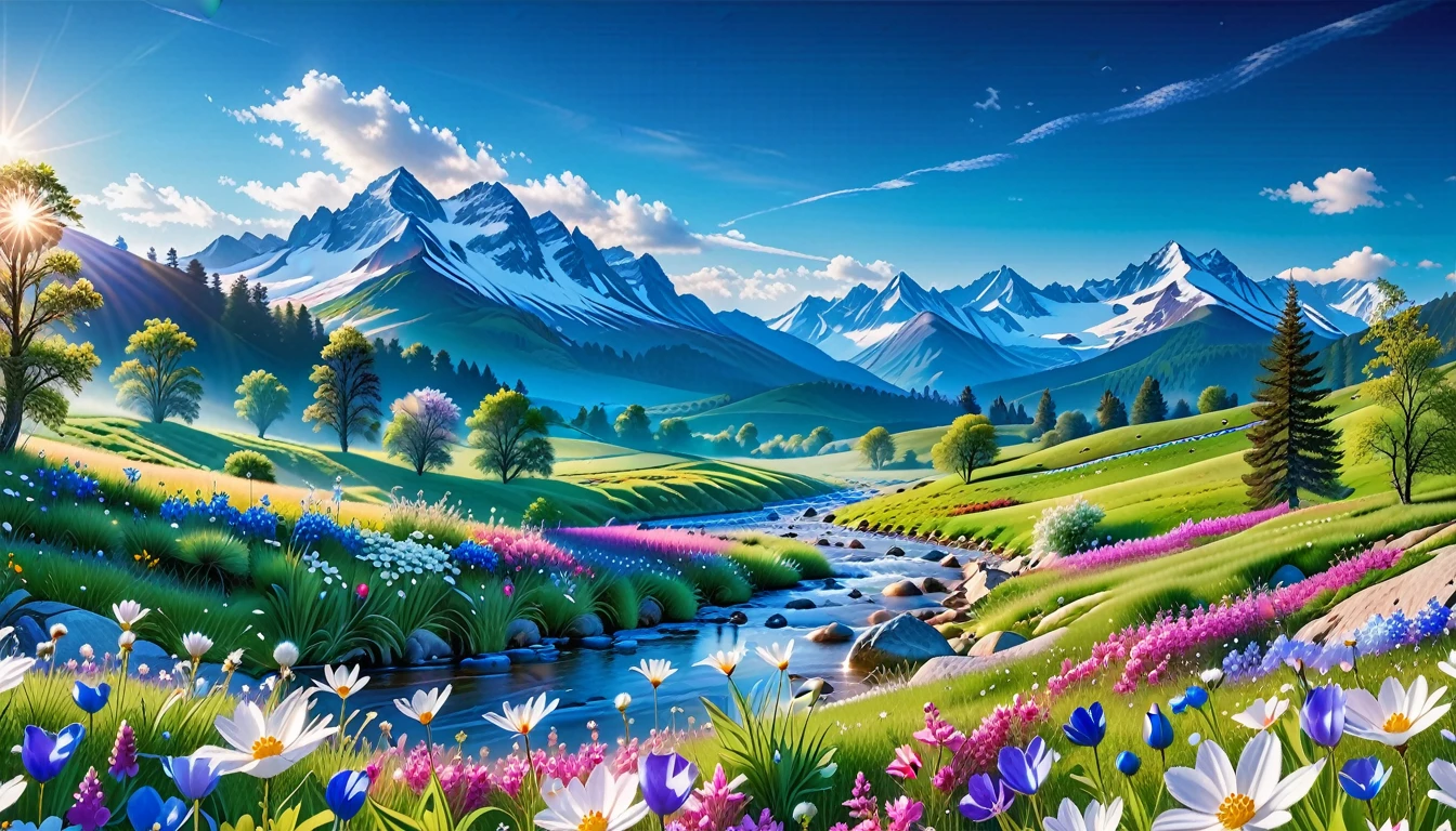 A Masterpiece In 32K Resolution, Supreme Quality, Super Detail, Official Art, Very High-Resolution 32K Wallpaper, Beautiful And Aesthetic, Ultra-Detailed Features, Awe-Inspiring Detail. The Enchanted Meadows Under A Sapphire Sky. Rolling Green Hills Spread Out Beneath A Clear Sapphire Sky, Dotted With Wildflowers That Dance In The Breeze. A Small, Sparkling Stream Winds Its Way Through The Meadow, Glimmering Like Silver Under The Sunlight. In The Distance, Snow-Capped Mountains Rise Majestically, Their Peaks Gleaming White Against The Blue Sky. A Sense Of Tranquil Magic Fills The Air.