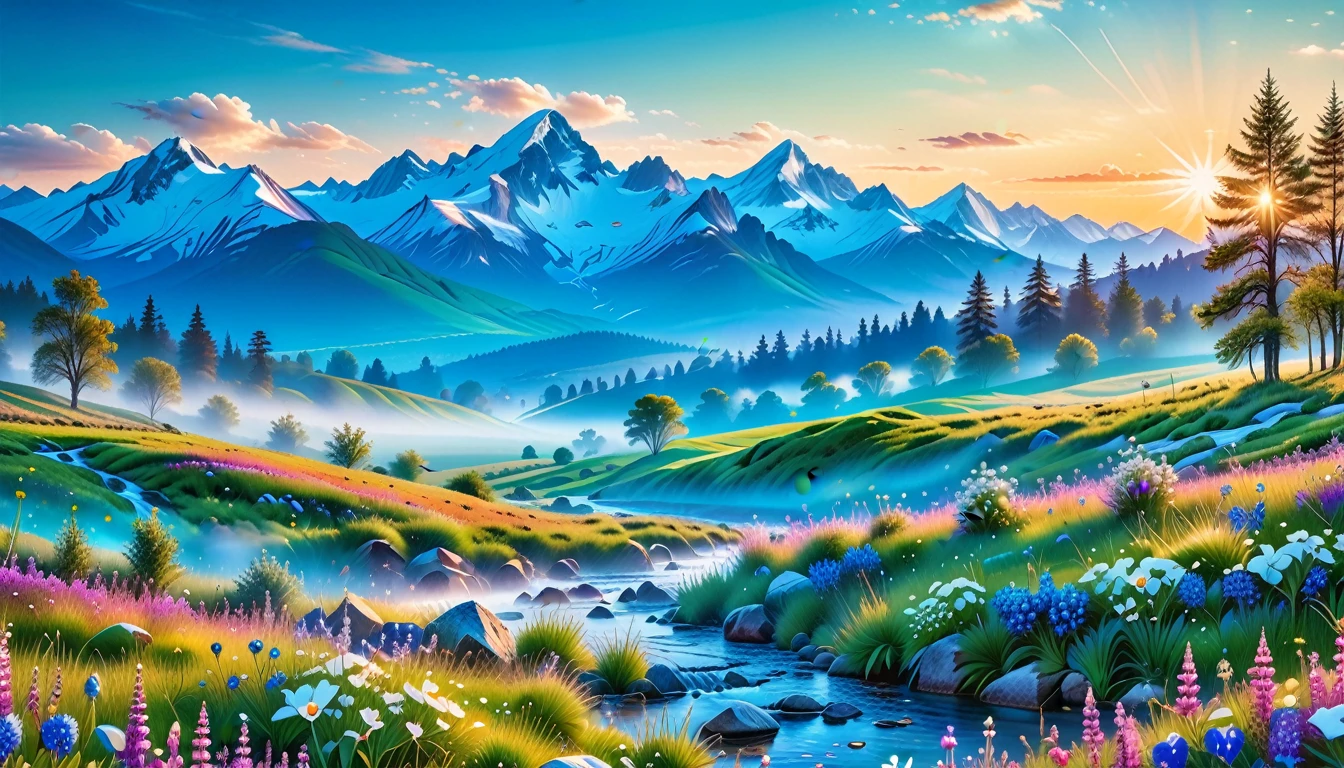 A Masterpiece In 32K Resolution, Supreme Quality, Super Detail, Official Art, Very High-Resolution 32K Wallpaper, Beautiful And Aesthetic, Ultra-Detailed Features, Awe-Inspiring Detail. The Enchanted Meadows Under A Sapphire Sky. Rolling Green Hills Spread Out Beneath A Clear Sapphire Sky, Dotted With Wildflowers That Dance In The Breeze. A Small, Sparkling Stream Winds Its Way Through The Meadow, Glimmering Like Silver Under The Sunlight. In The Distance, Snow-Capped Mountains Rise Majestically, Their Peaks Gleaming White Against The Blue Sky. A Sense Of Tranquil Magic Fills The Air.