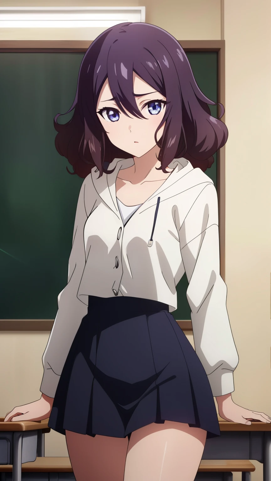 purple hair, purple eyes, 1 girl, alone, (perm hair:1.3), (hair between eyes:1.1), (20 years old), (mature face:1.4), sulky look, (school uniform, colorful parka jacket, white shirt, collarbone, checkered miniskirt, thighs, classroom), 
beautiful finger, beautiful long legs, Beautiful body, beautiful character design, perfect eyes, Perfect face, expressive eyes, looking at the viewer, sexy pose, in the center of the image, High Definition CG Unity, Perfect lit, bright_front_face_lit, (Highest_quality:1.0),(anime), Super detailed, photograph, 8K, nffsw, High resolution, (absurdes:1.2), kodak portrait 400, film grain, Lens flare, (lively_Farbe) (beautiful_small breasts:1.1), (beautiful_face:1.2),(narrow_waist), (cowboy shot:1.2),
