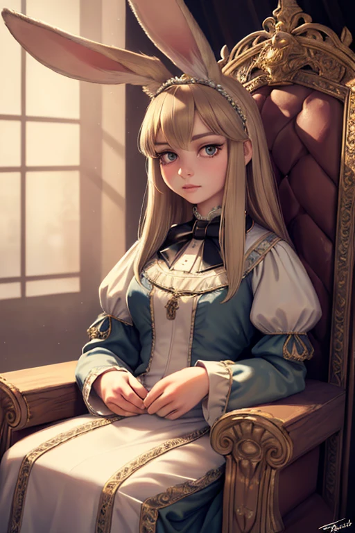 1girl, rabbit ears, rabbit tail, beautiful detailed eyes, beautiful detailed lips, extremely detailed face, long eyelashes, victorian style dress, medieval fantasy, sitting on an oak throne, imposing, staring directly at the viewer, elegant, charming, glamour, (best quality,4k,8k,highres,masterpiece:1.2),ultra-detailed,(realistic,photorealistic,photo-realistic:1.37),detailed environment, ornate throne, intricate details, cinematic lighting, muted color palette, dramatic shadows