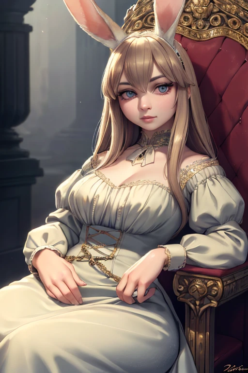 1girl, rabbit ears, rabbit tail, beautiful detailed eyes, beautiful detailed lips, extremely detailed face, long eyelashes, victorian style dress, medieval fantasy, sitting on an oak throne, imposing, staring directly at the viewer, elegant, charming, glamour, (best quality,4k,8k,highres,masterpiece:1.2),ultra-detailed,(realistic,photorealistic,photo-realistic:1.37),detailed environment, ornate throne, intricate details, cinematic lighting, muted color palette, dramatic shadows