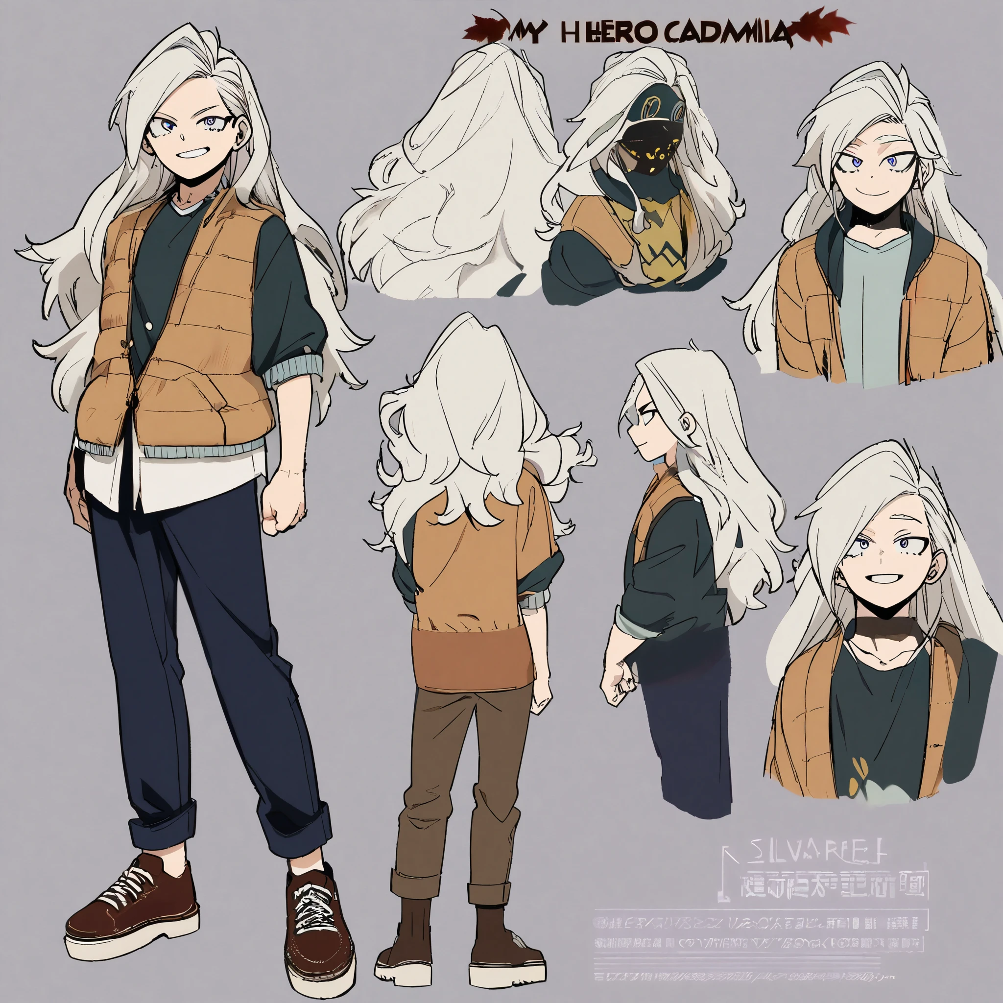 1boy, male, androgynous, my hero academia, boku no hero, silver hair, lavender eyes, super long hair, cute, beautiful, reference sheet, concept art, wearing casual clothing, autumn attire, no background, average height, smile, smiling big, young adult, full body