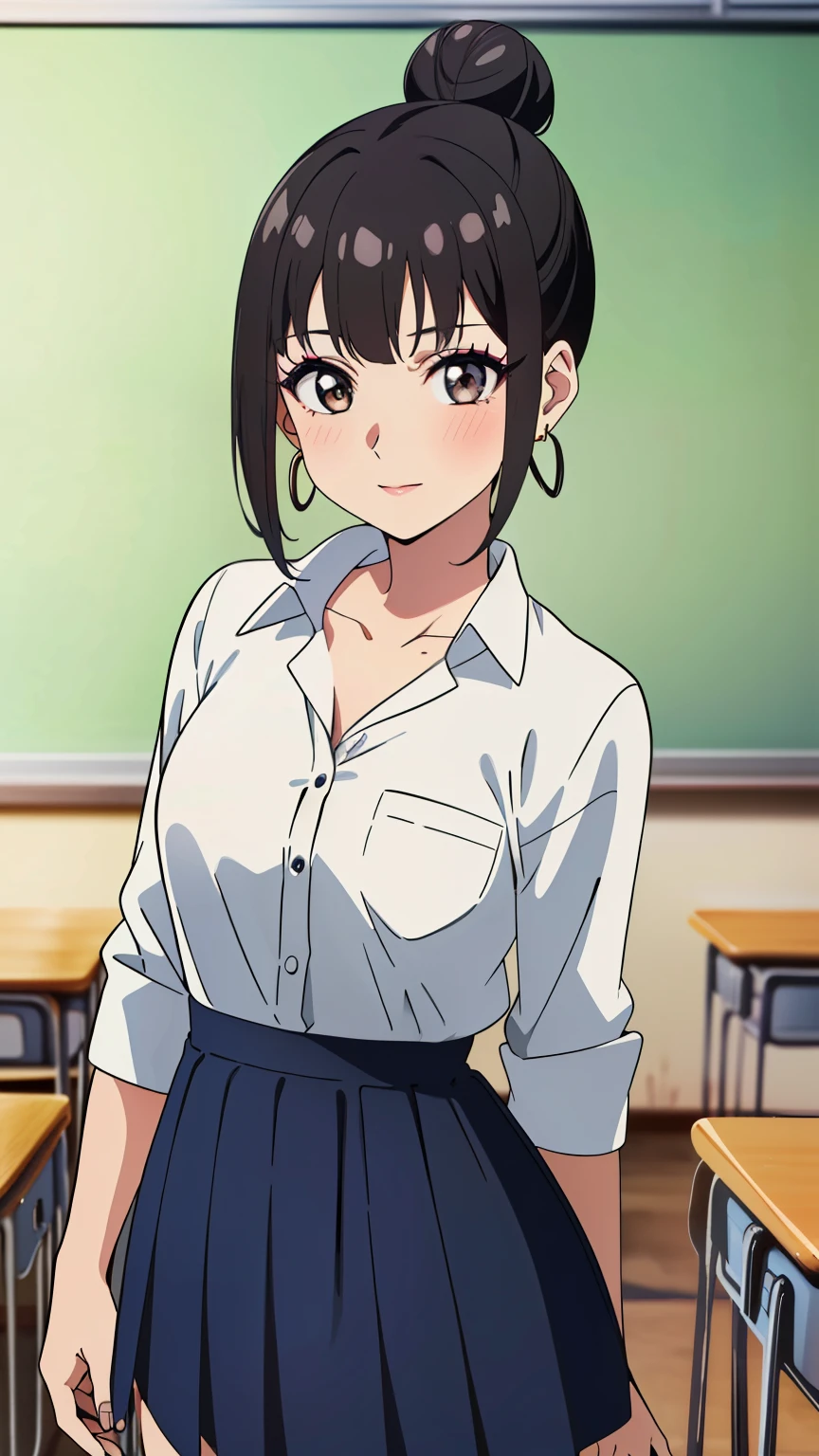 (masterpiece, best quality, high resolution, 8k:1.2), (anime coloring:1.2), highly detailed, beautiful eyes, perfect eyes, fine eyes, brown eyes, featuring big highlights, detailed face, highly detailed, fine eyes, symmetrical eyes, one girl, alone,  (20 years old), young woman, (mature face:1.5), (alluring expression:1.3), black hair, (low bun:1.2), bangs, blush, smile, (small medium breast), glamour, ((false eyelashes:1.2), makeup, earrings, school uniform, collarbone, white shirt, checkered miniskirt, classroom), looking at the viewer, in the center of the image, (beautiful_small medium breast:1.1), (beautiful_face:1.2), (beautiful_waist:1.2), (cowboy shot:1.2), dutch angle,