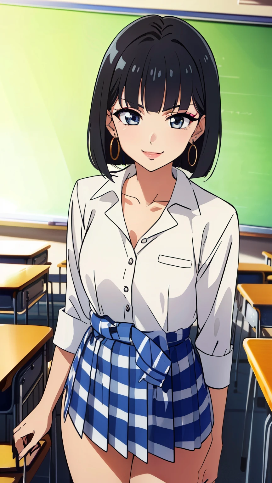 (masterpiece, best quality, high resolution, 8k:1.2), (anime coloring:1.2), highly detailed, beautiful eyes, perfect eyes, fine eyes, brown eyes, featuring big highlights, detailed face, highly detailed, fine eyes, symmetrical eyes, one girl, alone, young woman, (mature face:1.4), black hair, (fluffy bob cut:1.2), bangs, (evil smile:1.3), (small medium breast), glamour, (false eyelashes, makeup, earrings, school uniform, collarbone, white shirt, checkered miniskirt, classroom), looking at the viewer, in the center of the image, (beautiful_small medium breast:1.1), (beautiful_face:1.2), (beautiful_waist:1.2), (cowboy shot:1.2), dutch angle,