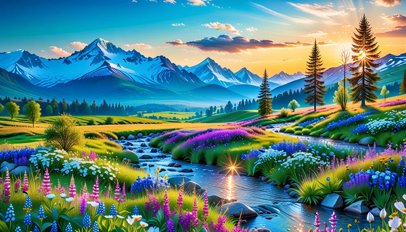 A Masterpiece In 32K Resolution, Supreme Quality, Super Detail, Official Art, Very High-Resolution 32K Wallpaper, Beautiful And Aesthetic, Ultra-Detailed Features, Awe-Inspiring Detail. The Enchanted Meadows Under A Sapphire Sky. Rolling Green Hills Spread Out Beneath A Clear Sapphire Sky, Dotted With Wildflowers That Dance In The Breeze. A Small, Sparkling Stream Winds Its Way Through The Meadow, Glimmering Like Silver Under The Sunlight. In The Distance, Snow-Capped Mountains Rise Majestically, Their Peaks Gleaming White Against The Blue Sky. A Sense Of Tranquil Magic Fills The Air.