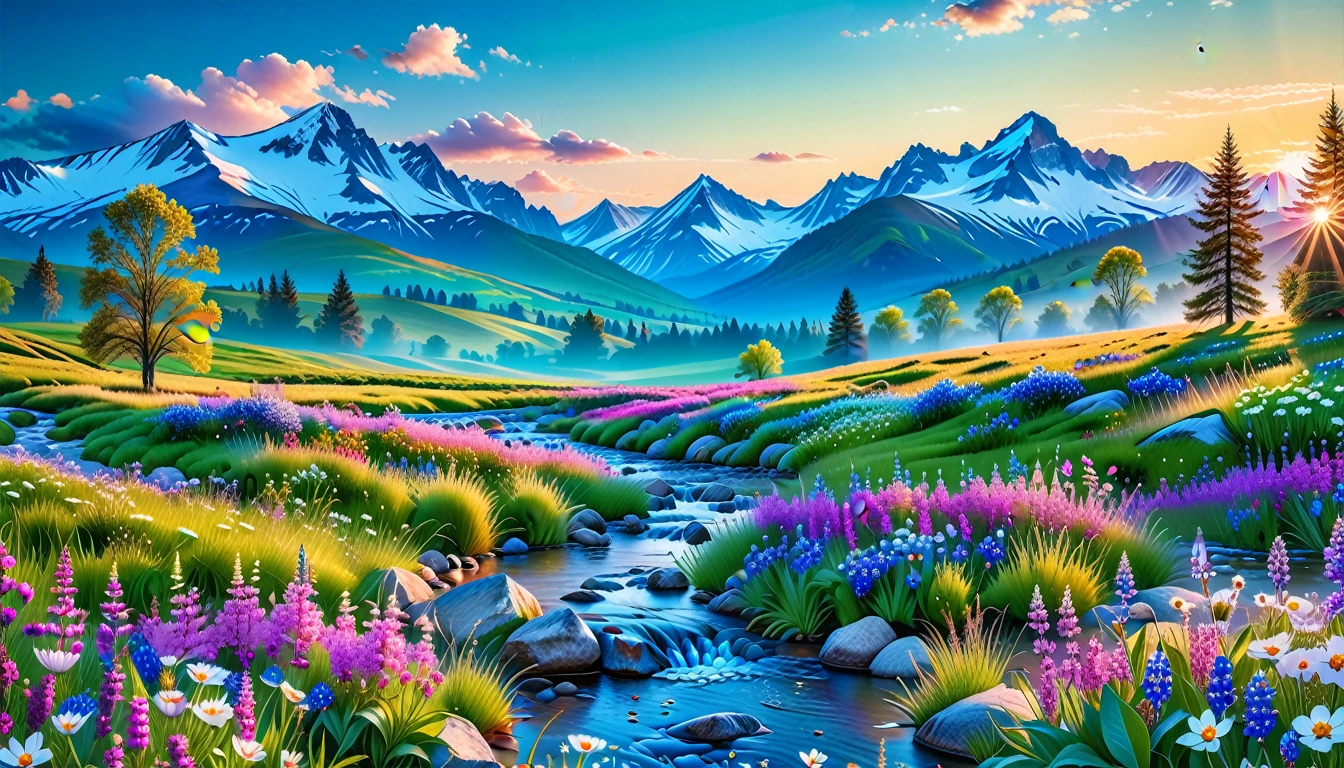 A Masterpiece In 32K Resolution, Supreme Quality, Super Detail, Official Art, Very High-Resolution 32K Wallpaper, Beautiful And Aesthetic, Ultra-Detailed Features, Awe-Inspiring Detail. The Enchanted Meadows Under A Sapphire Sky. Rolling Green Hills Spread Out Beneath A Clear Sapphire Sky, Dotted With Wildflowers That Dance In The Breeze. A Small, Sparkling Stream Winds Its Way Through The Meadow, Glimmering Like Silver Under The Sunlight. In The Distance, Snow-Capped Mountains Rise Majestically, Their Peaks Gleaming White Against The Blue Sky. A Sense Of Tranquil Magic Fills The Air.