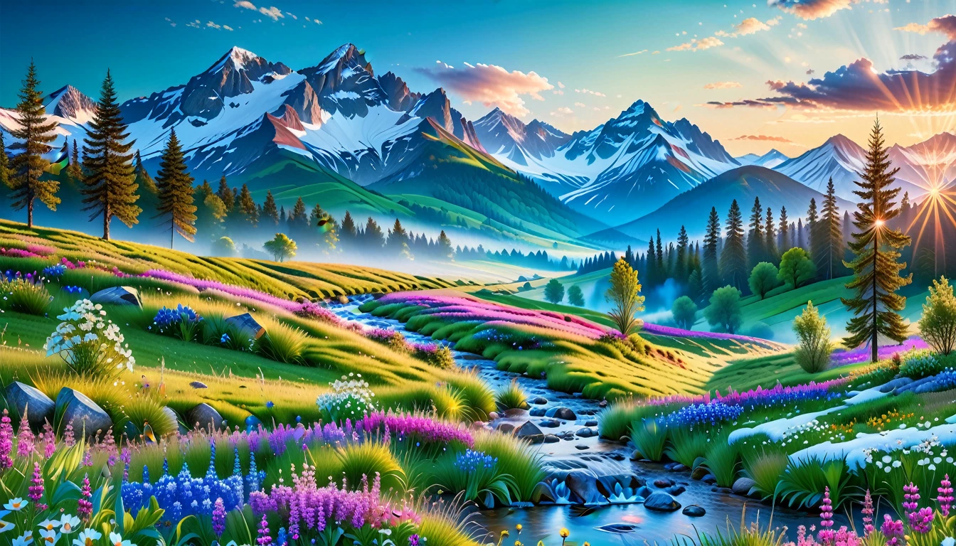 A Masterpiece In 32K Resolution, Supreme Quality, Super Detail, Official Art, Very High-Resolution 32K Wallpaper, Beautiful And Aesthetic, Ultra-Detailed Features, Awe-Inspiring Detail. The Enchanted Meadows Under A Sapphire Sky. Rolling Green Hills Spread Out Beneath A Clear Sapphire Sky, Dotted With Wildflowers That Dance In The Breeze. A Small, Sparkling Stream Winds Its Way Through The Meadow, Glimmering Like Silver Under The Sunlight. In The Distance, Snow-Capped Mountains Rise Majestically, Their Peaks Gleaming White Against The Blue Sky. A Sense Of Tranquil Magic Fills The Air.