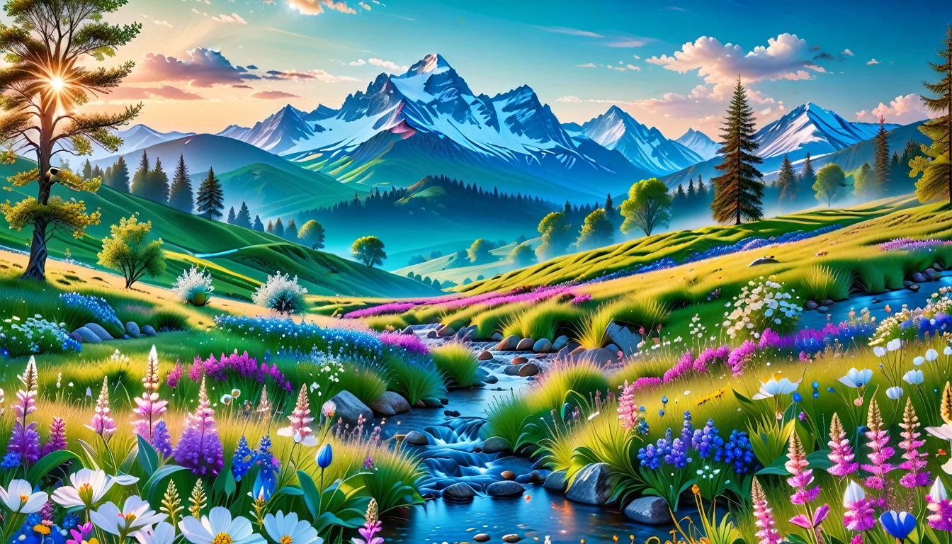 A Masterpiece In 32K Resolution, Supreme Quality, Super Detail, Official Art, Very High-Resolution 32K Wallpaper, Beautiful And Aesthetic, Ultra-Detailed Features, Awe-Inspiring Detail. The Enchanted Meadows Under A Sapphire Sky. Rolling Green Hills Spread Out Beneath A Clear Sapphire Sky, Dotted With Wildflowers That Dance In The Breeze. A Small, Sparkling Stream Winds Its Way Through The Meadow, Glimmering Like Silver Under The Sunlight. In The Distance, Snow-Capped Mountains Rise Majestically, Their Peaks Gleaming White Against The Blue Sky. A Sense Of Tranquil Magic Fills The Air.