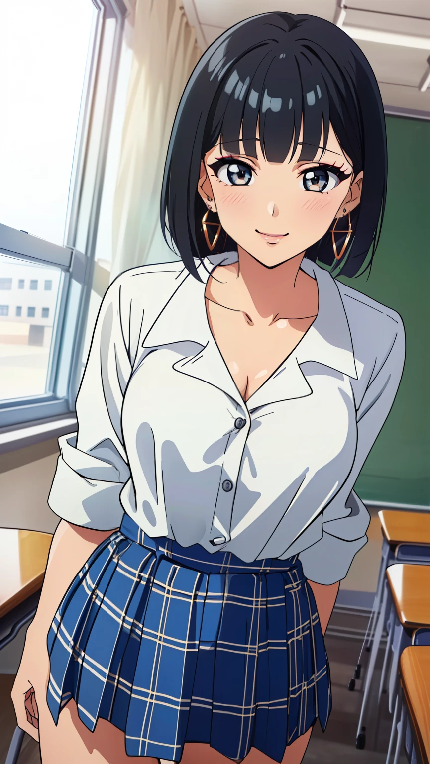 (masterpiece, best quality, high resolution, 8k:1.2), (anime coloring:1.2), highly detailed, beautiful eyes, perfect eyes, fine eyes, brown eyes, featuring big highlights, detailed face, highly detailed, fine eyes, symmetrical eyes, one girl, alone, young woman, (mature face:1.4), black hair, (fluffy bob cut:1.2), bangs, (feel horny face:1.3), smile, blush, (small medium breast), glamour, (false eyelashes, makeup, earrings, school uniform, collarbone, white shirt, checkered miniskirt, classroom), looking at the viewer, in the center of the image, (beautiful_small medium breast:1.1), (beautiful_face:1.2), (beautiful_waist:1.2), (cowboy shot:1.2), dutch angle,