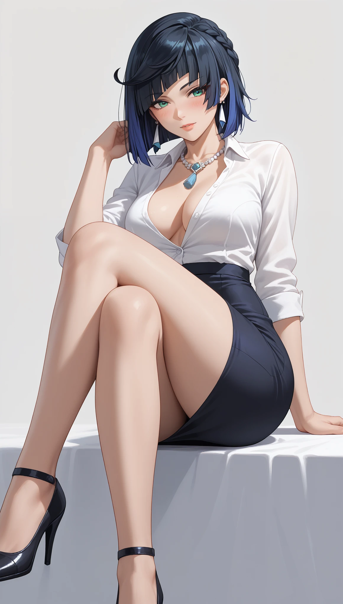 1girl, solo, yelan, anime, over 1, highly detailed background, (light grey background:1.0), (perfect hands:1.1), (perfect fingers:1.1), beautiful detailed green eyes, beautiful face, highly detailed face, beautiful detailed blue hair, black hair, short hair, eyebrows hidden by hair, multicolored hair, (very mature elegant expression, looking left:1.15), (sitting down, legs crossed elegantly:1.2), (side front body view:1.1), (close up:1.2), elegant pose, (mature blushing:1.15), (detailed unbuttoned loose white shirt:1.25), (detailed black short pencil skirt:1.25), (detailed sexy office black heels:1.25), jewelry, necklace, mature medium sized breasts, beautiful cleavage, masterpiece, best quality, highly detailed, absurdres, 8K, Extremely Realistic