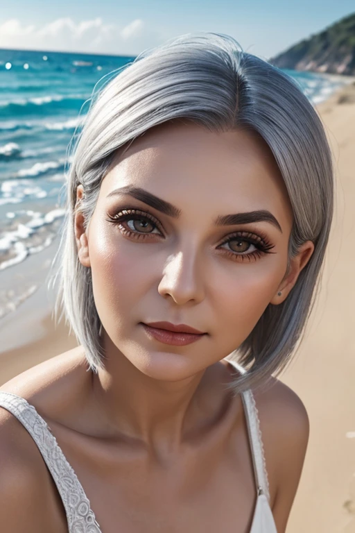 Eastern European old woman、7、Silver bob hair、Gray Eyes、Eyebrows are thin and curved、Elegant and super beautiful、Narrow Face、Natural makeup、Looking up from below、Bust Shot、Beach