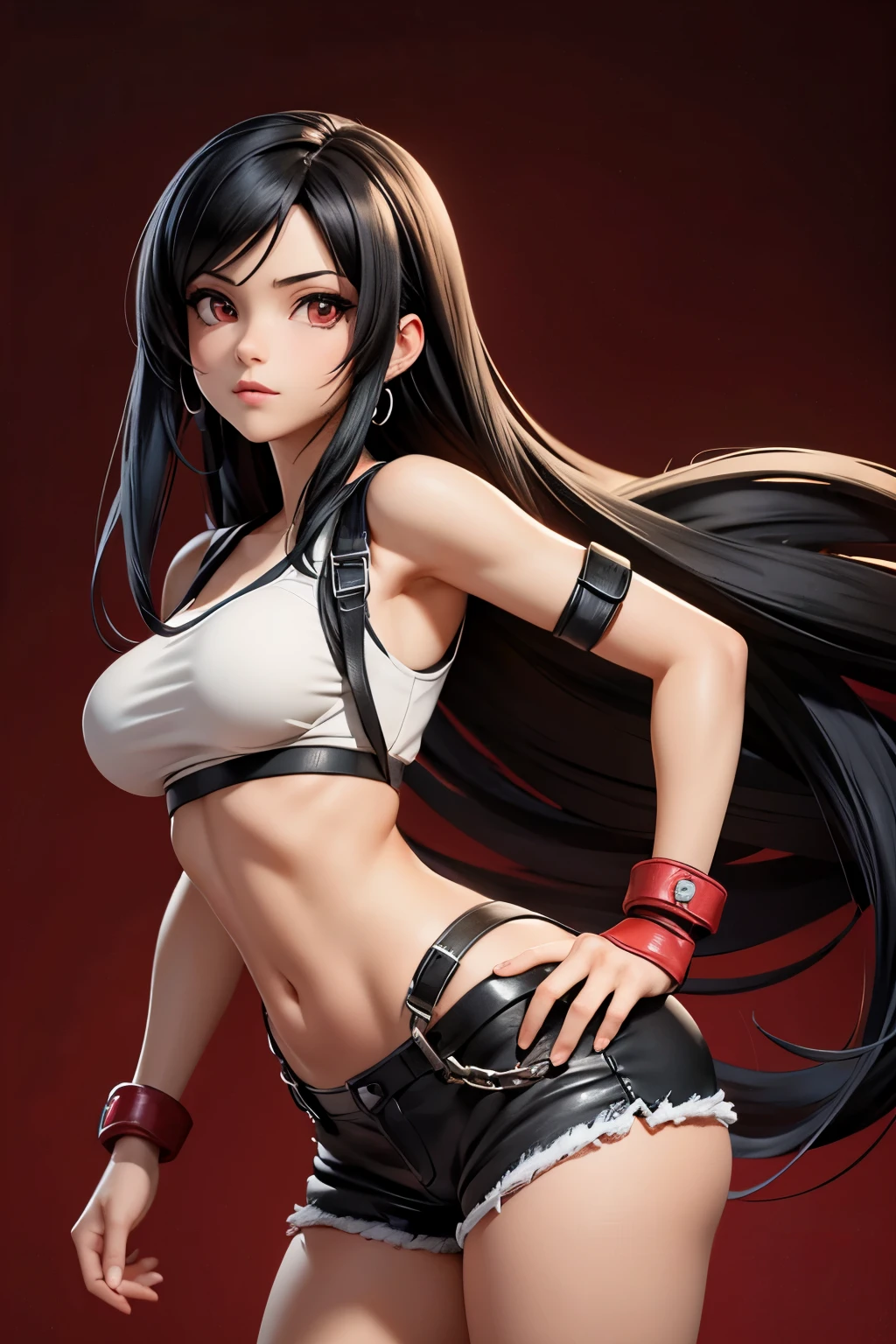 arafed woman in a black top and white shorts holding a red umbrella, photorealistic anime girl render, seductive tifa lockhart portrait, seductive anime girl, tifa, smooth anime cg art, tifa lockhart, 3 d render character art 8 k, 3 d anime realistic, 2. 5 d cgi anime fantasy artwork, detailed digital anime art, 3d anime girl