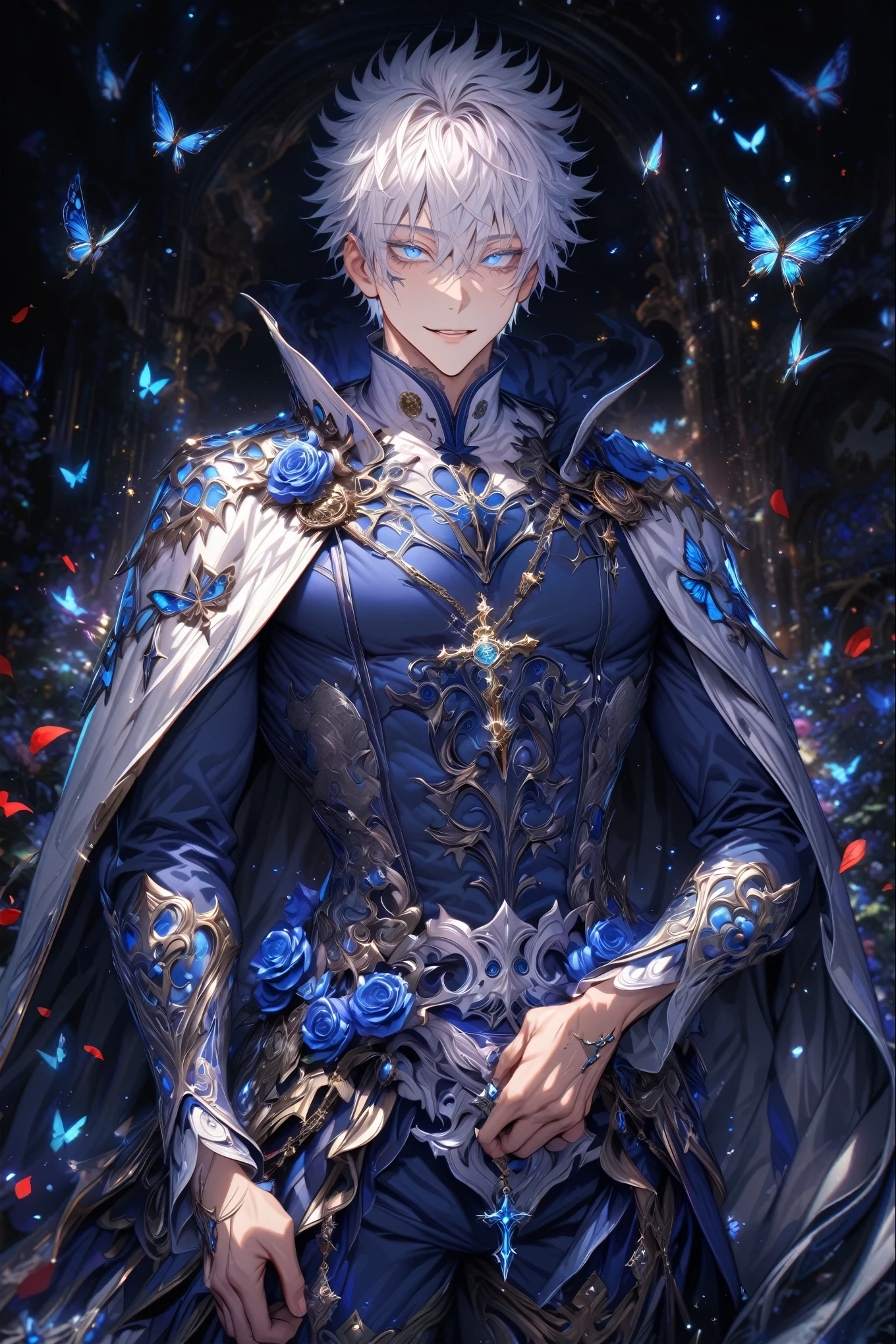 absurdres, highres, ultra detailed, HDR, master piece, best quality, extremely detailed, detailed eyes, detailed face, Gojou Satoru, white hair, expressive blue eyes, hair between the eyes, with bangs, white eyelashes, Jujutsu Kaisen, solo, sexy man, handsome, adult face, sensual, smile, toned body, white prince clothes, prince, cross necklace, cape, magical, fantasy, blue powers, clock, blue particles, blue radiant butterflies, blue glittering roses, red petals, water