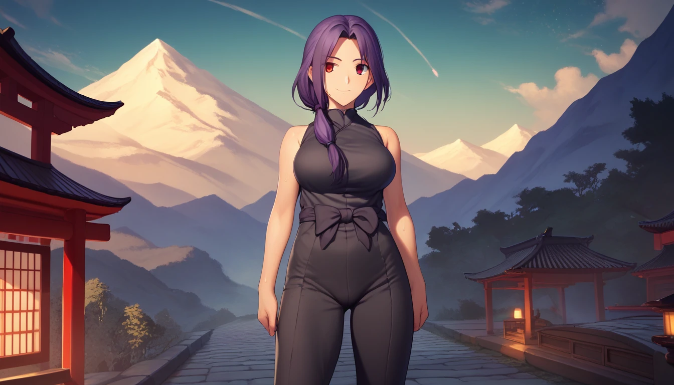 Score_9, Score_8_up, Score_7_up, One Girl,smile, Hirokazu Koyama ,Sweaty,sexy,Pixel Perfect,Large Breasts,Anatomically correct, Masterpiece Highly detailed,8k,Outdoor,night,street,Mountain trail,shrine,(Fits your body,Rider Suit,Sleeveless),, Red eyes, ( Long Hair, Purple Hair, Parted bangs,Low Ponytail, ), standing,クローズup, Spread your sides and show them off,