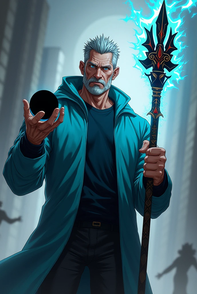 Walter White, Best quality, masterpiece, ultra high res,detailed background,realistic,hadesstyle,solo,male,mature,bara,muscular,mature male, facial hair,wizard,necromancer,skull,light blue fire,horror,dark fantasy,evil,cape,depth of field