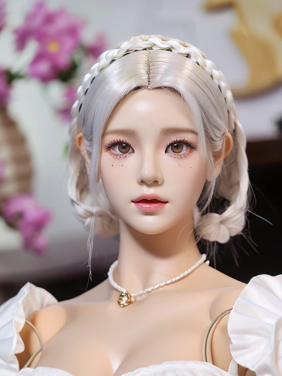 a close up of a doll with white hair and a purple flower, ball jointed doll, anime barbie in white, anime barbie doll, pale milky white porcelain skin, porcelain white skin, artdoll, pale porcelain white skin, white detailed eyes, ethereal!!! ultra realistic, with gorgeous detailed eyes, porcelain white face, girl with white hair, face - , 🤤 girl portrait, hyper realistic aesthetic, small freckles, hyper realistic teenager, barbie doll, freckles!!!, detailed face, realistic, Físico : el abdomen más pequeño jamás visto, jisoo from blackpink, popular south korean makeup, quality detailed ,(beautiful makeup :1.2), Wide hips, big, big ass, (best quality, 8K, masterpiece: 1.3), Clear focus: 1.2, Perfect body beauty: 1.4, strong abs, Very detailed face and skin texture. , detailed eyes, double eyelids, (long hair), having very marked curves, with greater volume in ((breasts)),