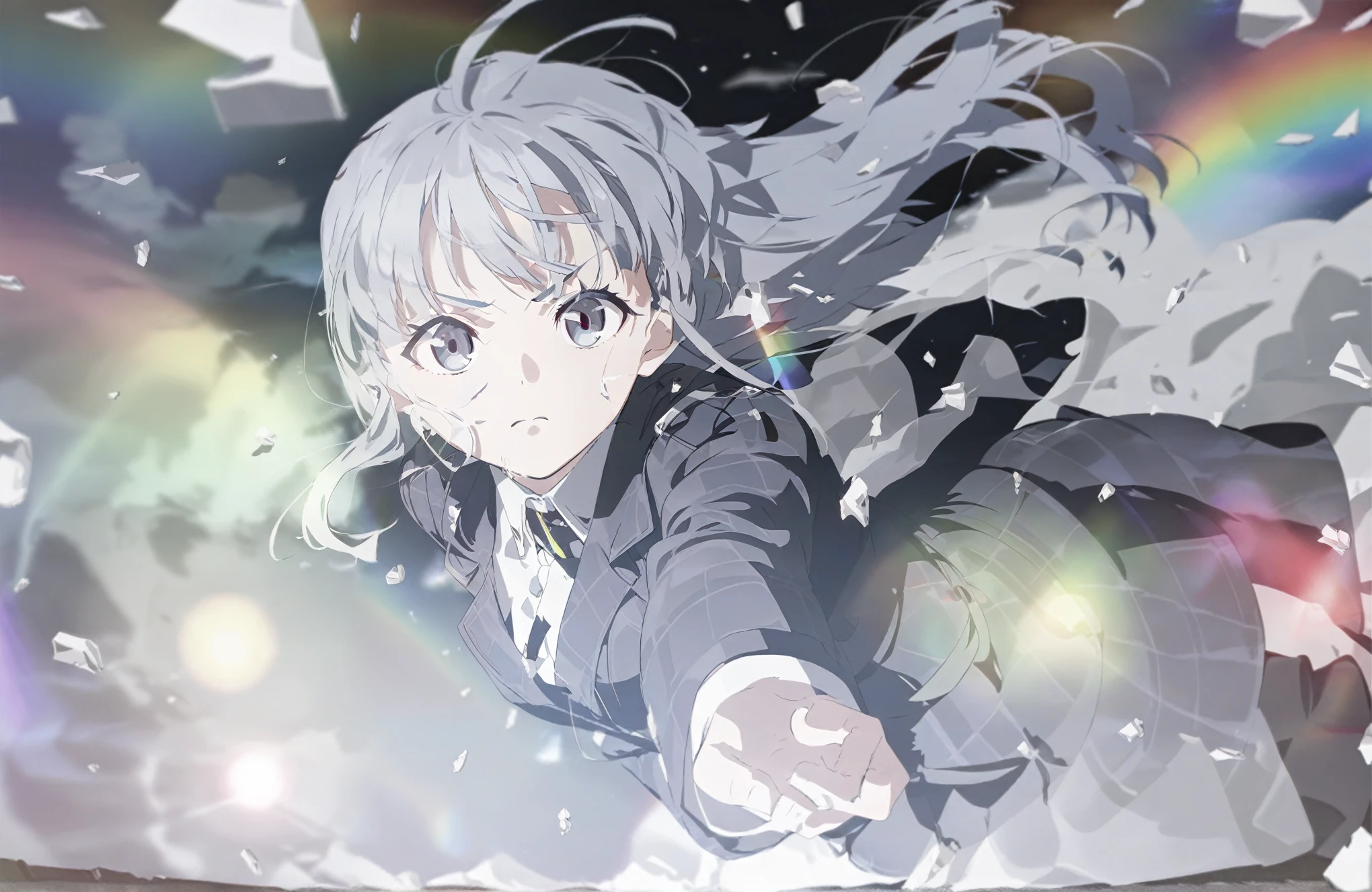 1 girl，Grey long hair，Bangs cover one eye，Silver Eyes，Black Check Trench Coat，Flowing hairm，Scattered rainbow fragments，movie lighting，Frown，Overlooking，Fisheye lens