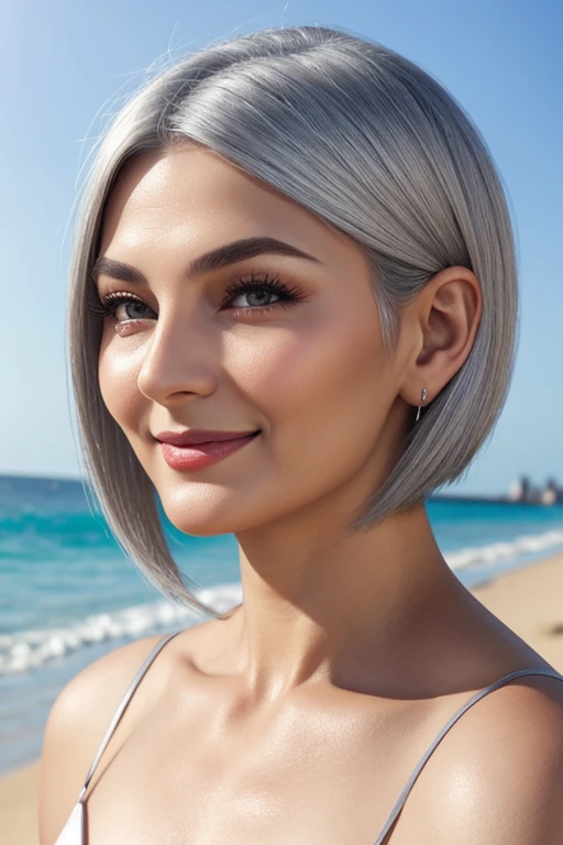 Eastern European old woman、7、Silver bob hair、Gray Eyes、Thin eyebrows are beautifully curved、Elegant and super beautiful、Narrow Face、Natural makeup、smile、Bust Shot、Side view、Beach